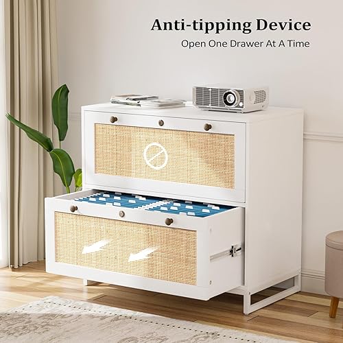 Miniatura 9 de VINGLI Archivador lateral de ratán blanco y natural con 2 cajones con cerradura, archivadores de madera con bloqueo para oficina en casa, gabinete