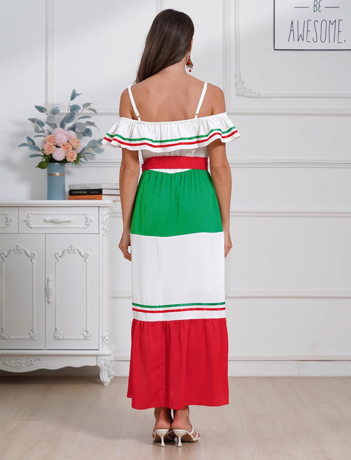 Mexican Dress for Women Mexican Traditional Folk Off-Shoulder Belted Ruffle Dress Cinco de Mayo Fiesta Costume