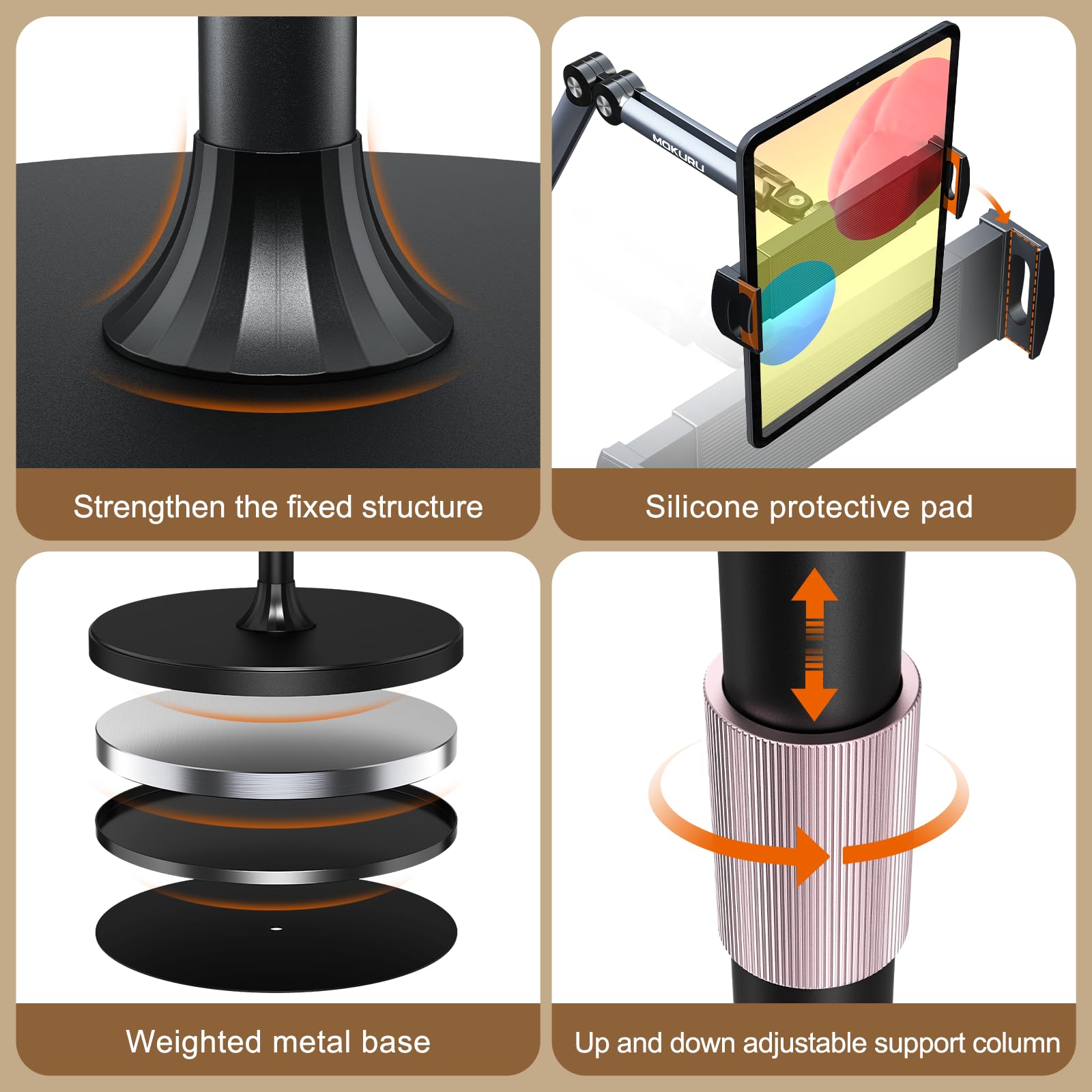 MOKURU Tablet-Bodenständer, verstellbarer Tablet-Ständer, 360° drehbarer Tablet-Halter, kompatibel mit iPad, iPhone, Samsung, Google, Kindle Tablet/Telefon, (11,4 cm - 32,9 cm)