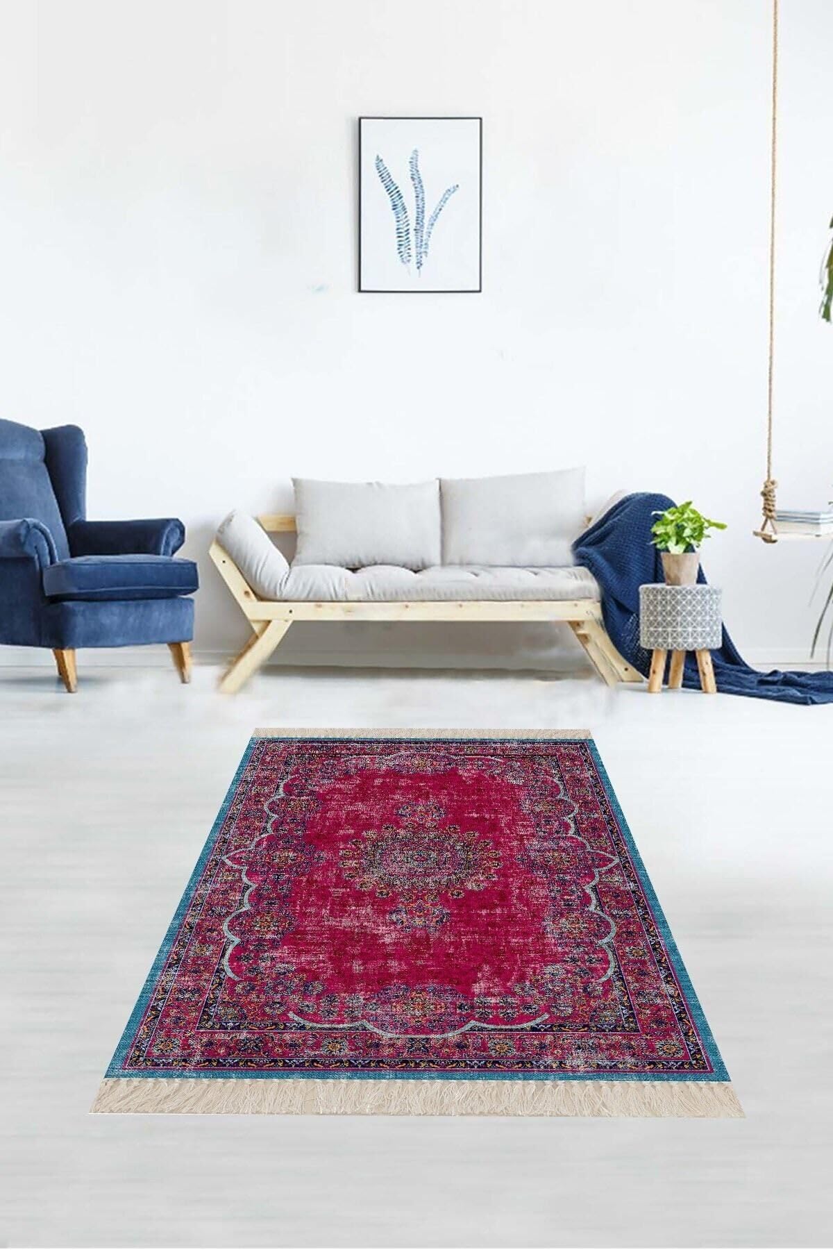 Pelangi Osmanlı Motif Kilim Desen Dijital Baskı Yıkanabilir Kaymaz Taban Etnik Salon Halı, Pembe 100 x 250