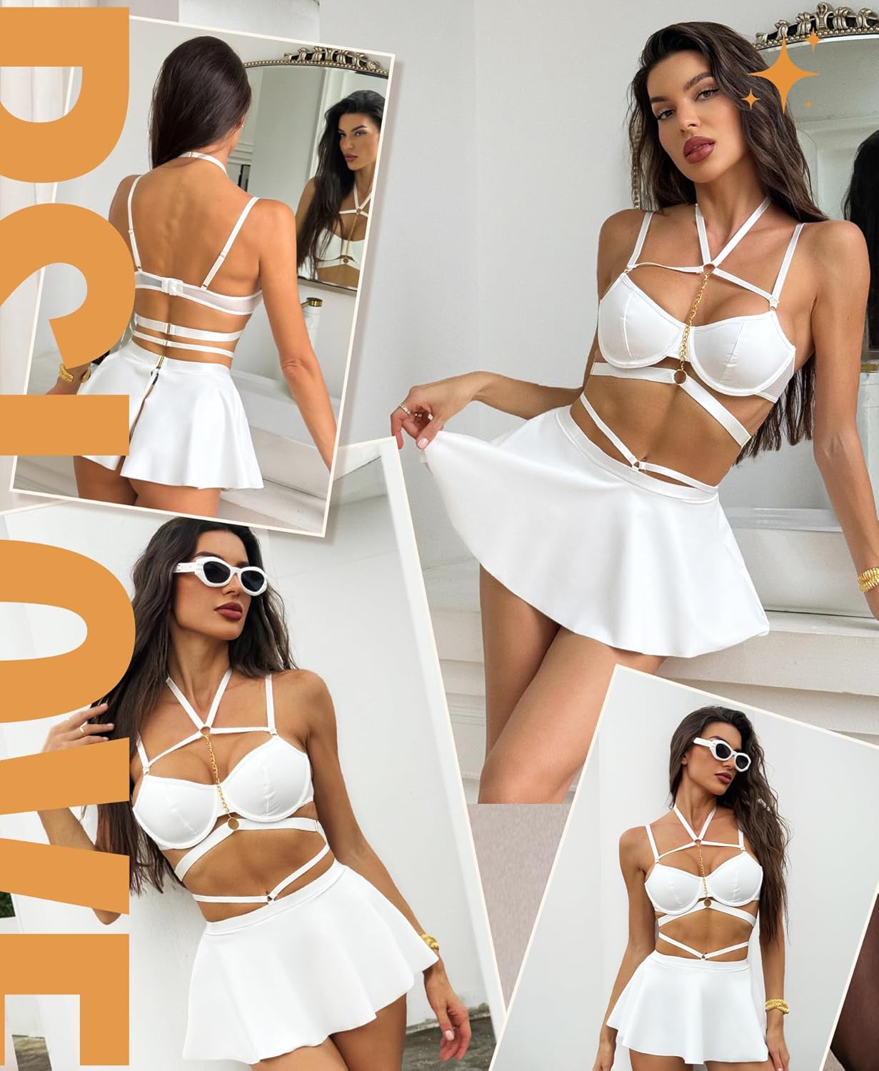 RSLOVE Faux Leather Lingerie for Women - Sexy Strappy Lingerie Set with Push Up Bra Choker Mini Skirt and Thong - Image 3