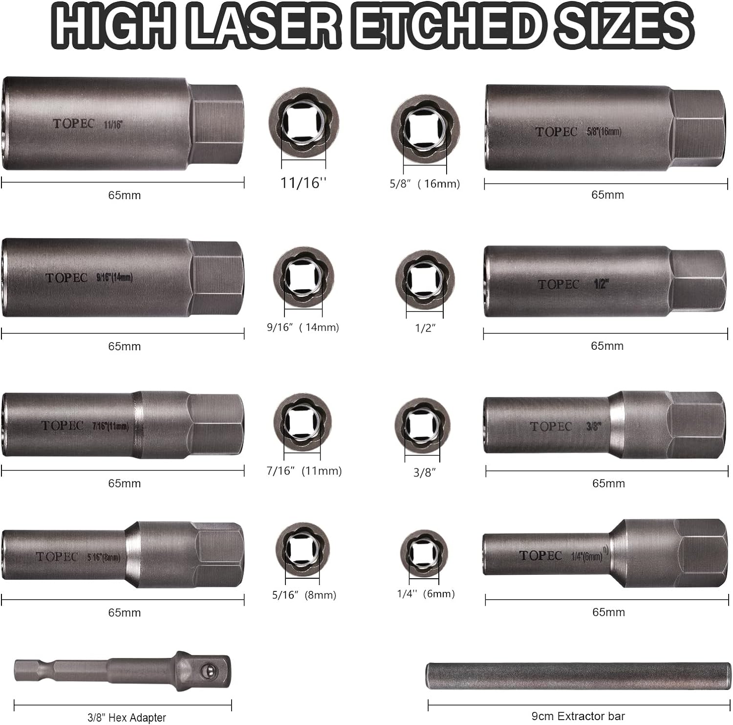 Topec 10-Piece Spiral Type Deep Bolt Extractor Set, Spark Plug Extraction Socket Set, Stripped Lug Nut Remover for Removing Broken, Damaged, Frozen, Rusted, or Rounded-Off Bolts, Nuts, Screws, Studs