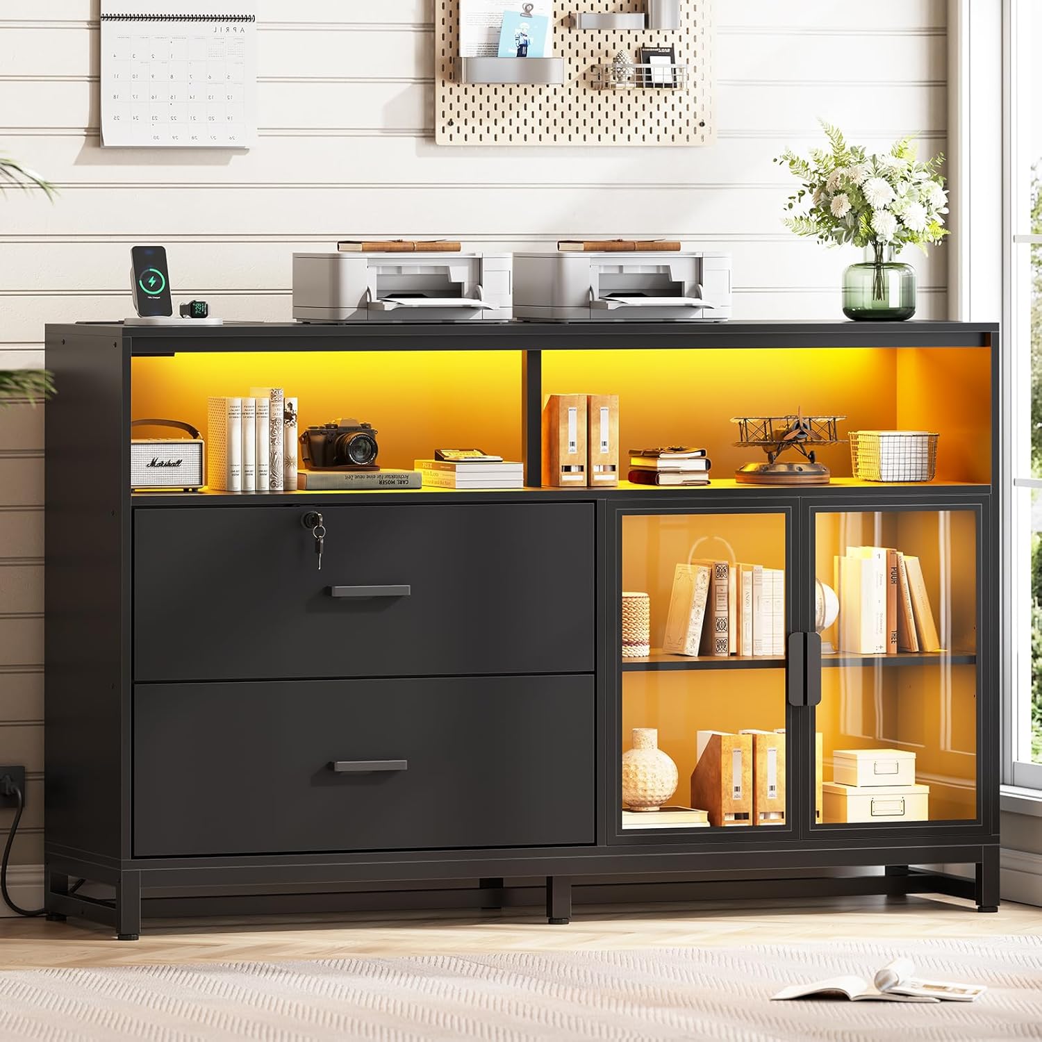 SEDETA 59" Lockable File Cabinet with 2 Drawers for Legal/Letter/A4 Files, Power Outlets, Printer Stand, LED Lights & Storage - Black