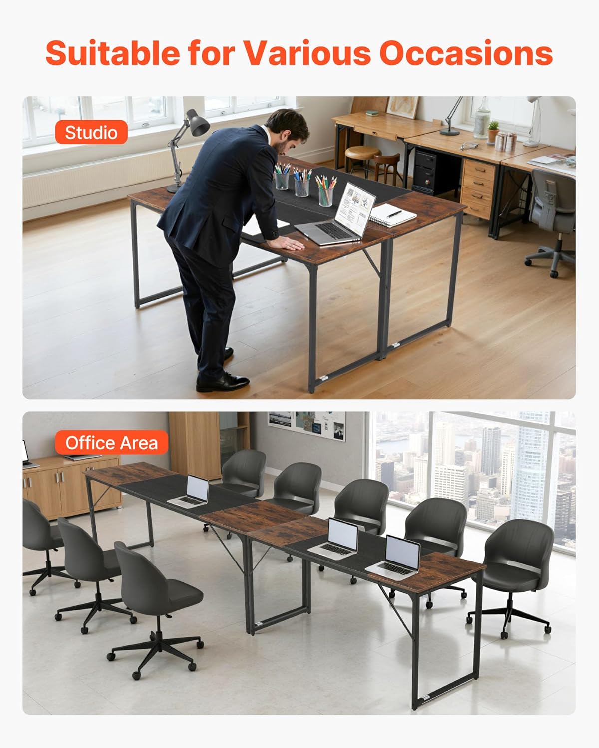 VEVOR Computer Desk, 63 Inch Office Gaming Desk for Home Office, Writing Study Work Modern Simple Table with Metal Frame for Large Legroom, Rustic Brown and Black