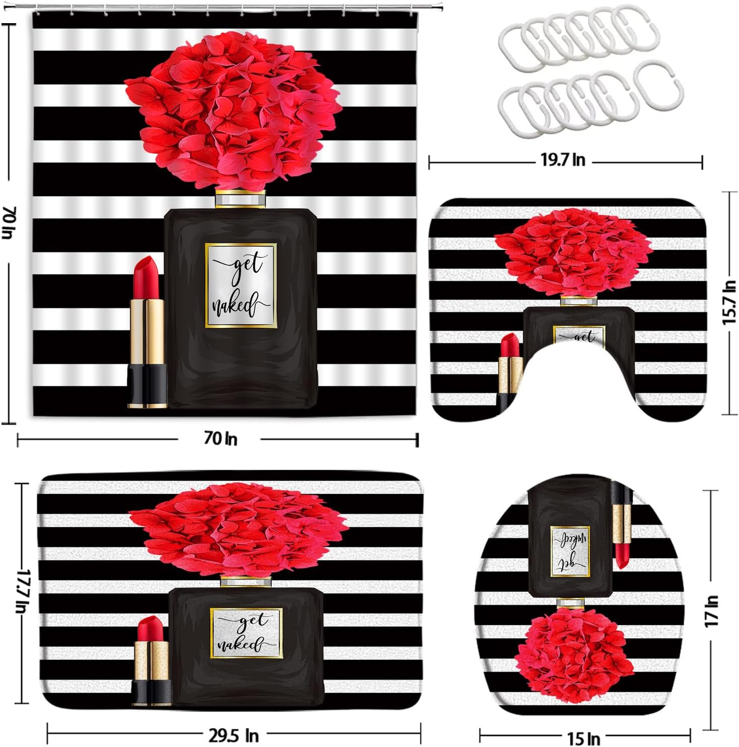 4Pcs Black Perfume Flower Fashion Girl Woman Lady Lipstick Charming Shower Curtain Sets with Bath Mat and Toilet Lid Cover Fabric Bathroom Set with Hooks
