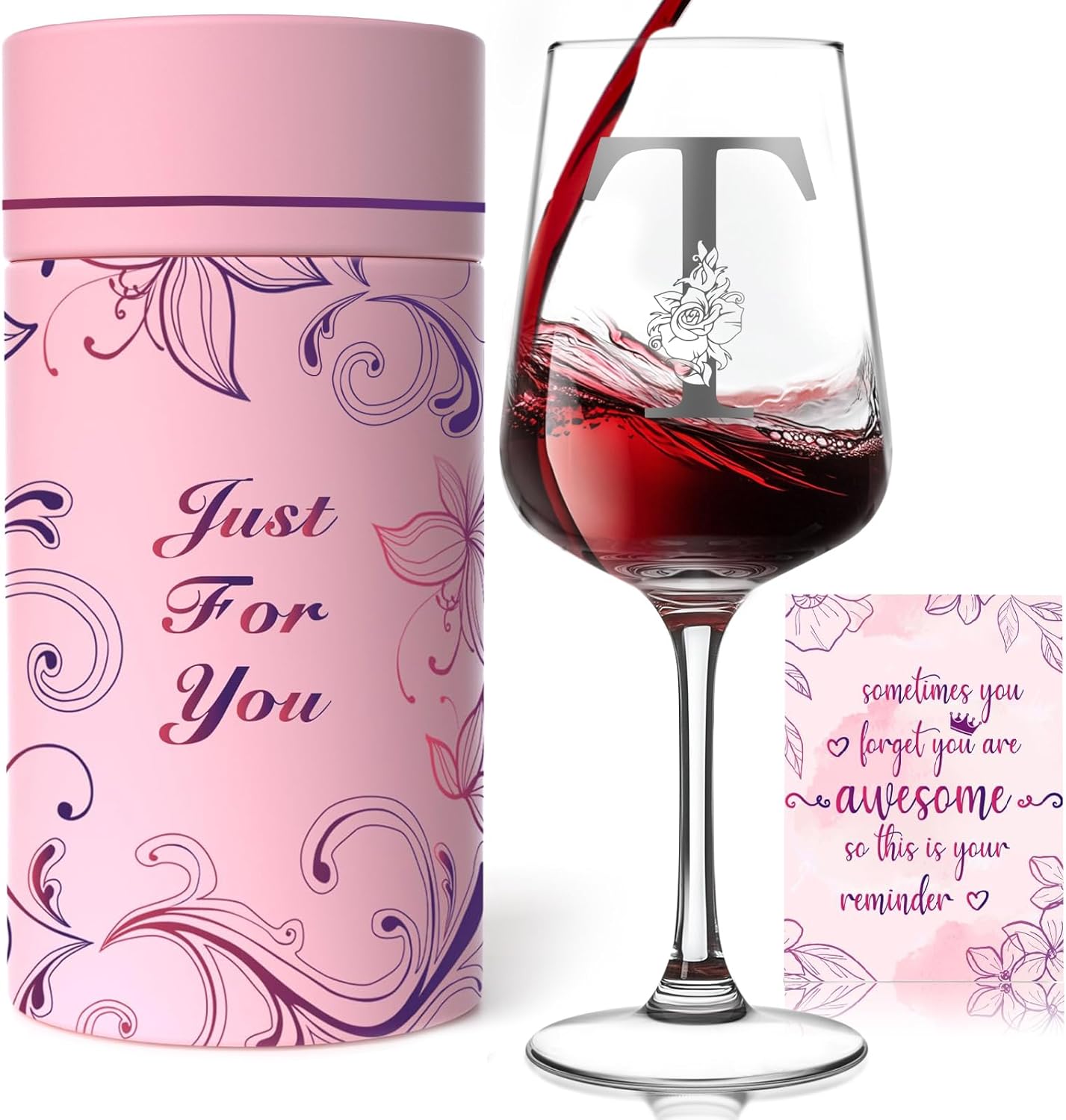 Personalized Monogram Wine Glass Gifts for Women – Customized A-Z Wine Glass with Gift Box & Greeting Card, Unique Christmas Valentines Birthday Gifts for Her, Mom, Wife, Sister, Daughter, Friend (T)