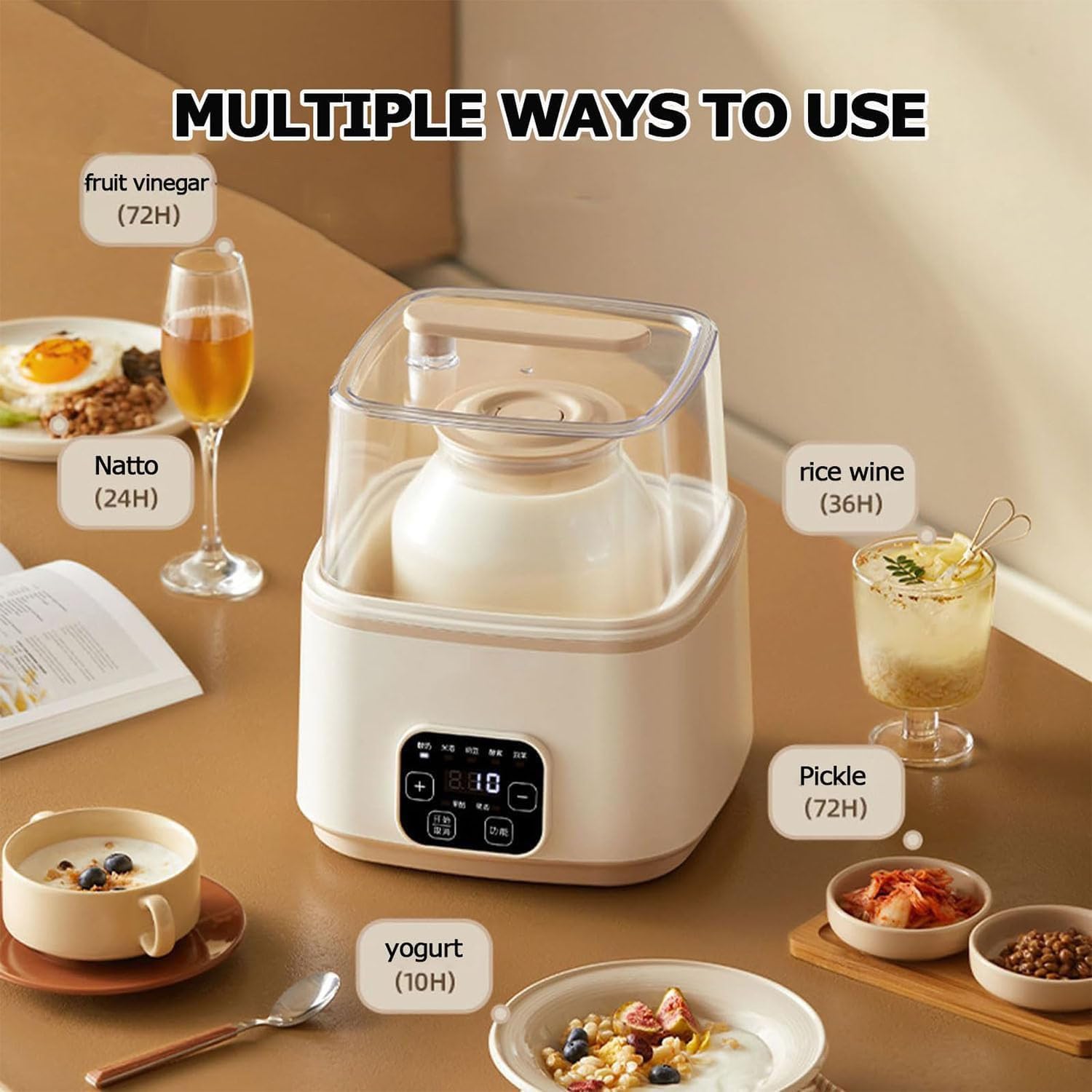 Máquina Automática Para Hacer Yogur, Yogurtera Eléctrica De 1L+2L Con Panel Táctil LED, Vejigas Internas Dobles Separadas Y Sincronización Inteligente De Temperatura Constante Para Yogur, Kimchi