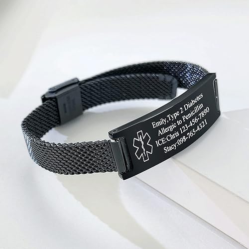 Vista 4 de VNOX - Pulseras de identificación y alerta médica para hombres, mujeres y niños, con grabado, malla ajustable de acero inoxidable, para emergencias