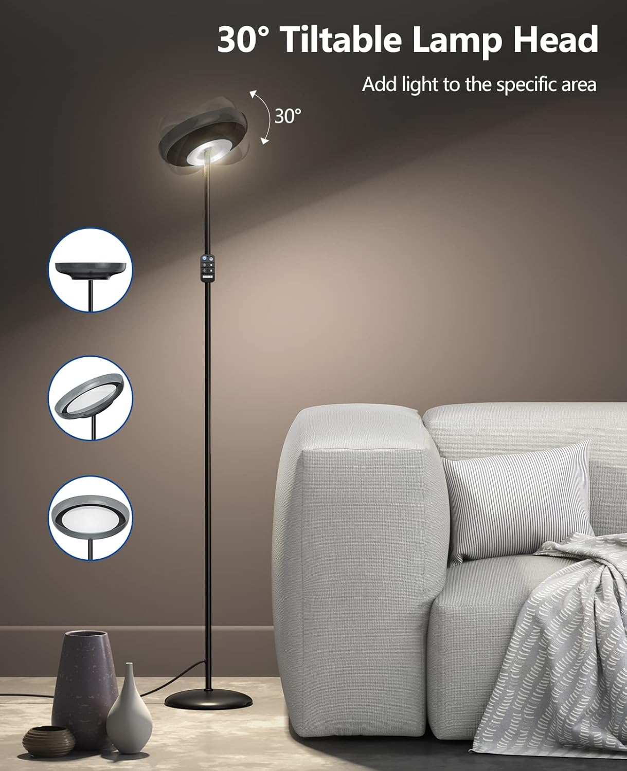 HILOLY Floor Lamp, Double Side LED Modern Torchiere Floor Lamps for Living Room 4 Color Temperatures and Brightness Standing Lamps - Adjustable Height Led Reading Lamps for Bedroom,Office