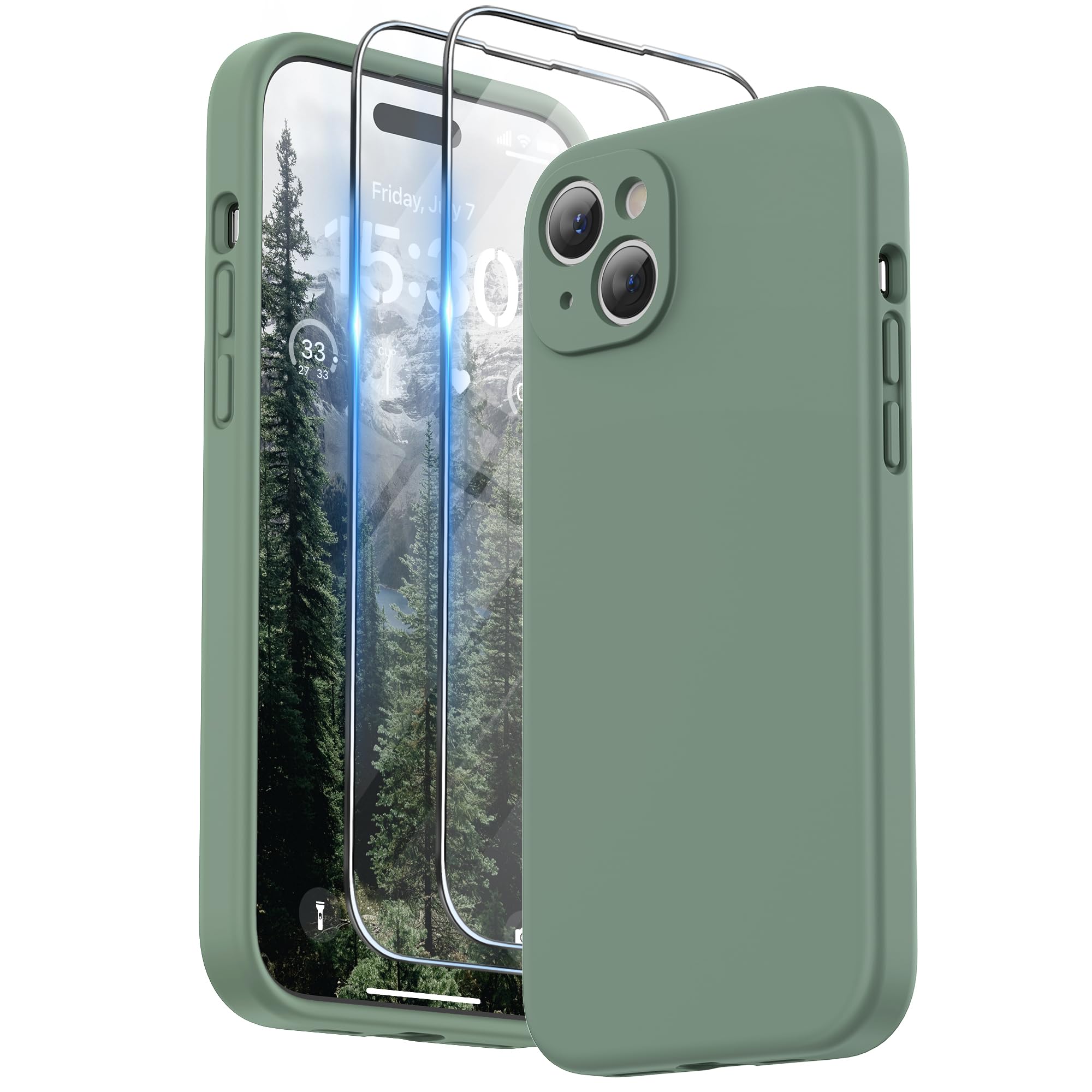 SURPHY Designed for iPhone 15 Plus Case with Screen Protector and Lanyard, Phone Strap and Liquid Silicone Phone Case (Camera Protective & Soft Microfiber Lining) 6.7 inch 2023, Cypress