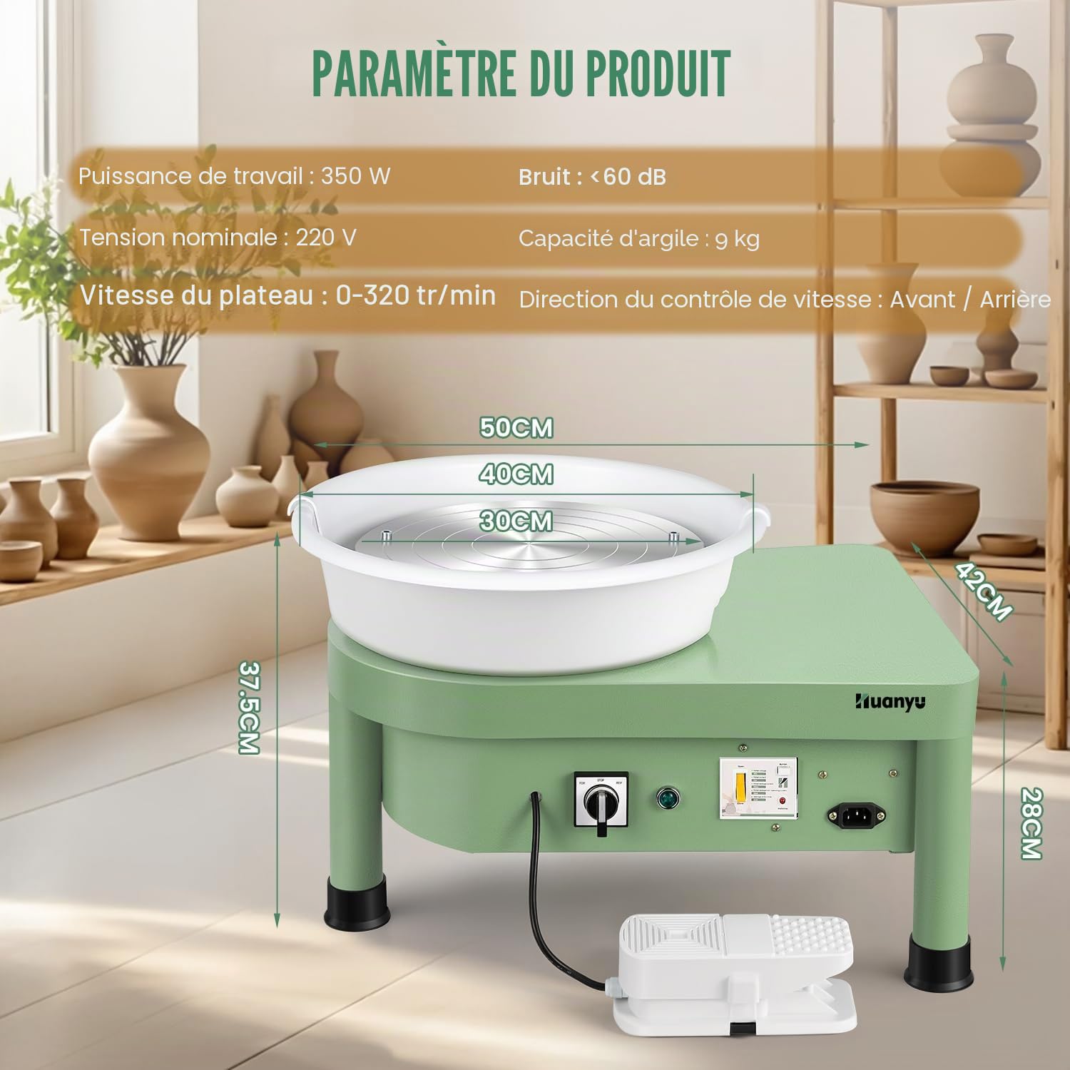 Huanyu Roue de poterie de 30 cm avec système de battes Roue de poterie électrique de 350 W pour adultes et débutants Roue de potier professionnel avec kit d'outils de poterie (Vert)