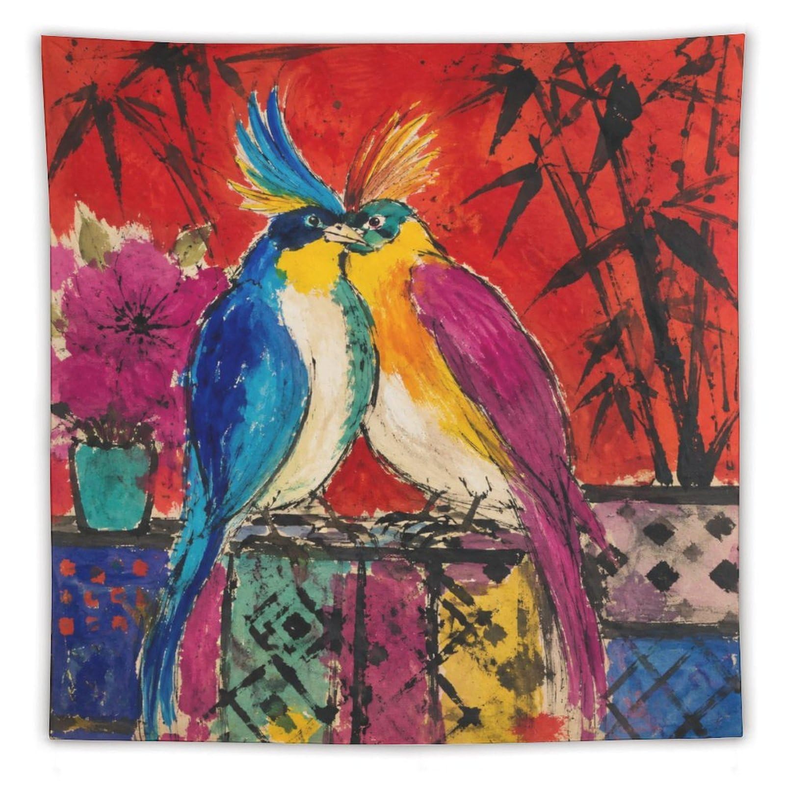 W7C8U2X3 Colorful Parrot Pair Wall Tapestry, Realistic Illustration Style