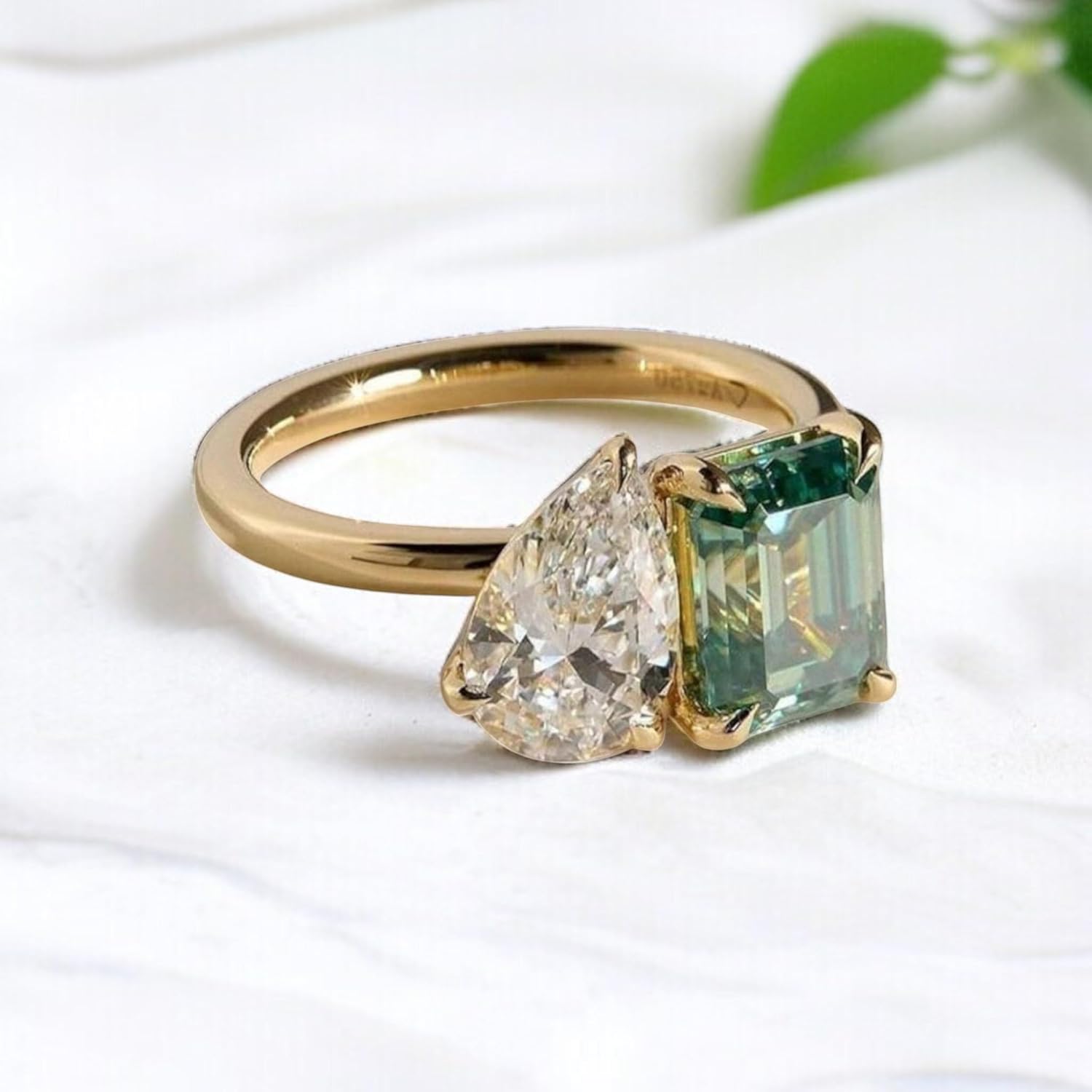 Luxury Two-Stone Engagement Ring Green Moissanite Octagon and Pear Cut 14K Yellow Gold plated Silver Ring Christmas Gift