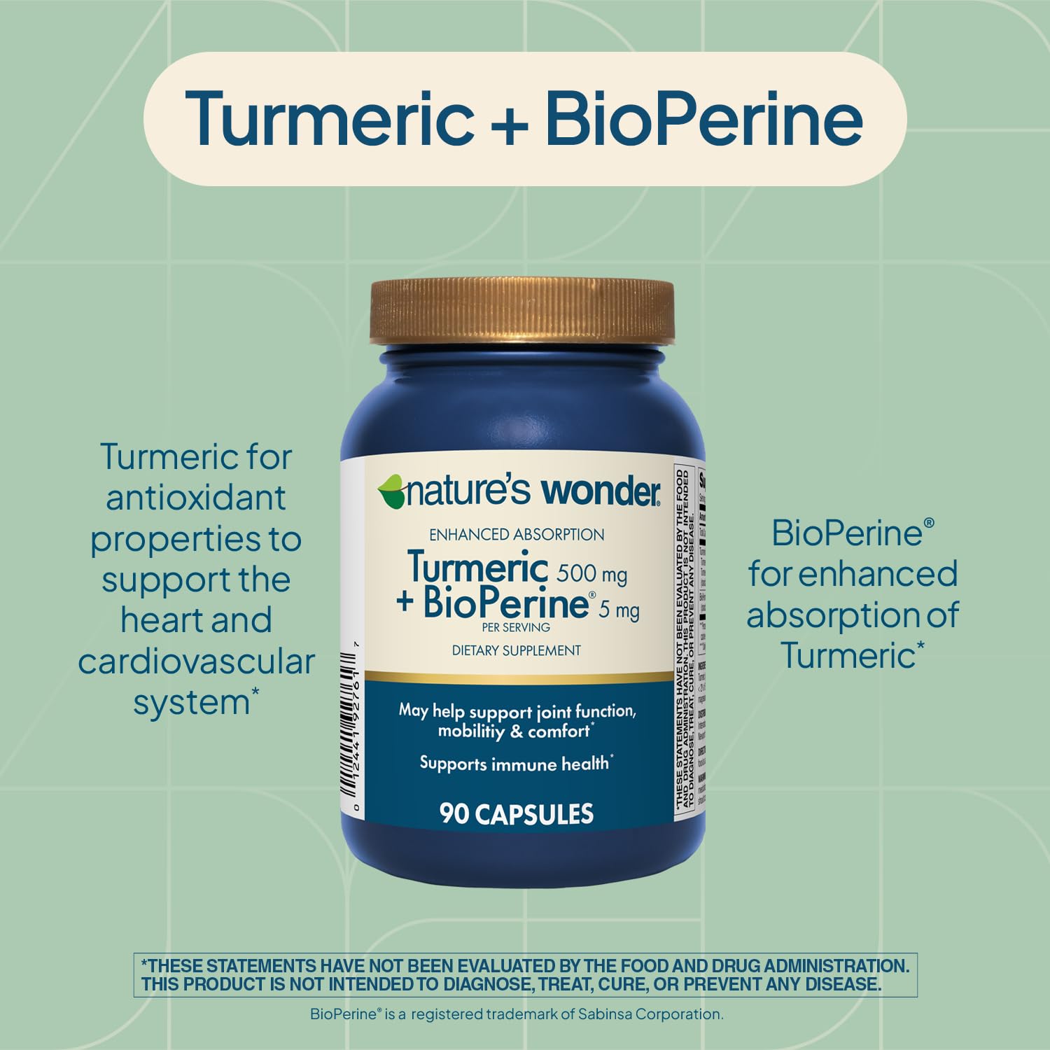 Nature's Wonder Turmeric 500mg with BioPerine 5mg, 90 Vegetarian Capsules — Amazon image 3