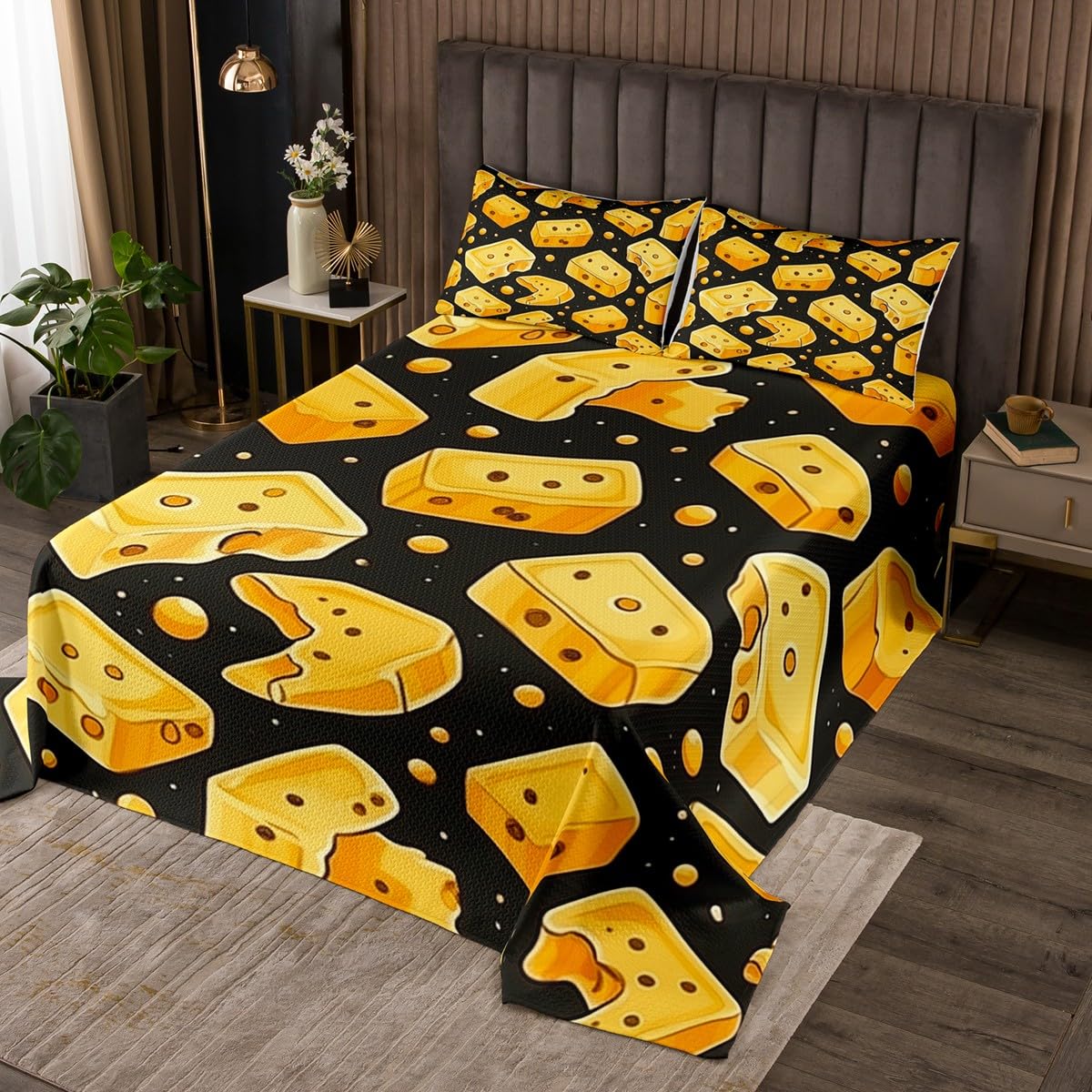 Homemissing Formaggio Cartoon Formaggio Copriletto 260x240cm per Bambini Ragazzi Ragazze Delizioso cibo Trapuntato Nero Giallo Copriletto Trapuntato 3 pezzi