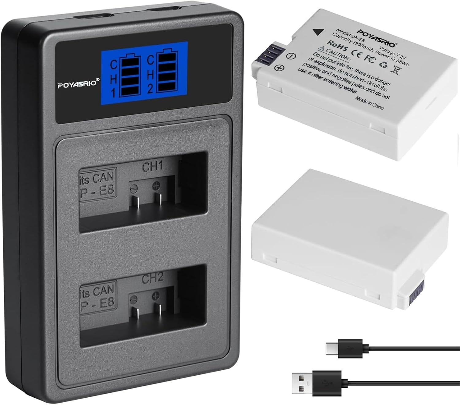 2-Pack LP-E8 Battery and Dual USB Charger Compatible with forCanon EOS 700D, 650D 600D 550D, Kiss X7i X6i Kiss X4, Kiss X5, Kiss X6, Rebel T3i, T2i, T4i, T5i, LC-E8E DSLR Digital Camera Battery