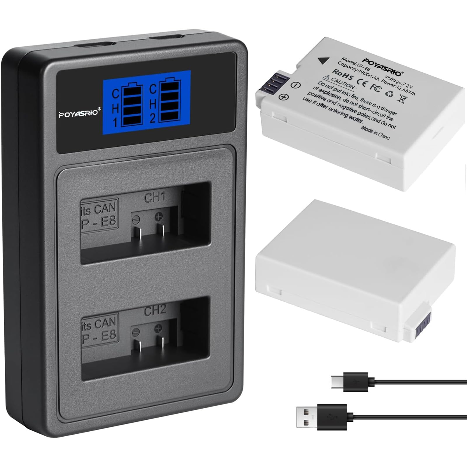 2-Pack LP-E8 Battery and Dual USB Charger Compatible with forCanon EOS 700D, 650D 600D 550D, Kiss X7i X6i Kiss X4, Kiss X5, Kiss X6, Rebel T3i, T2i, T4i, T5i, LC-E8E DSLR Digital Camera Battery