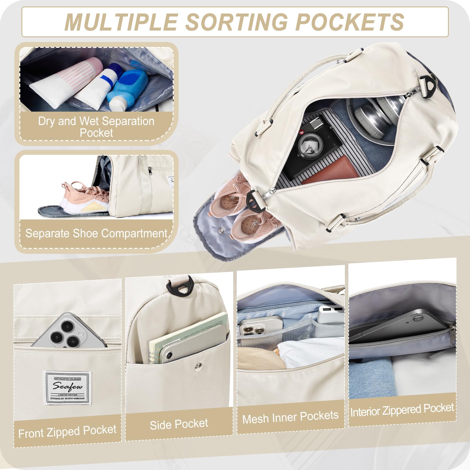 HYC00 Gym Bag Women Men with Shoes Compartment & Wet Pocket,for Easyjet Airlines Cabin Bag 45x36x20 Underseat Travel Duffel Bag Holdall Tote Carry on Luggage Overnight Bag Carry on Bag,Milky White - Image 3