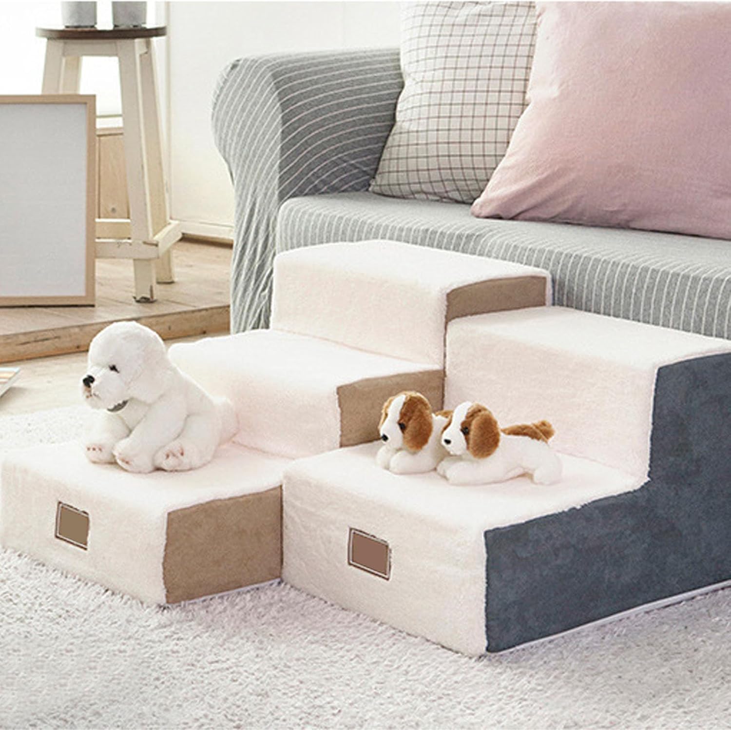 Luqeeg Pet Stairs, 14.2 Inch High Foam Dog Steps Ramp, Soft Enhanced Comfort Stable Structure Stylish Look Versatile 3 Steps Pet Puppy Stairs for Small (Coffee (Cover and Liner))