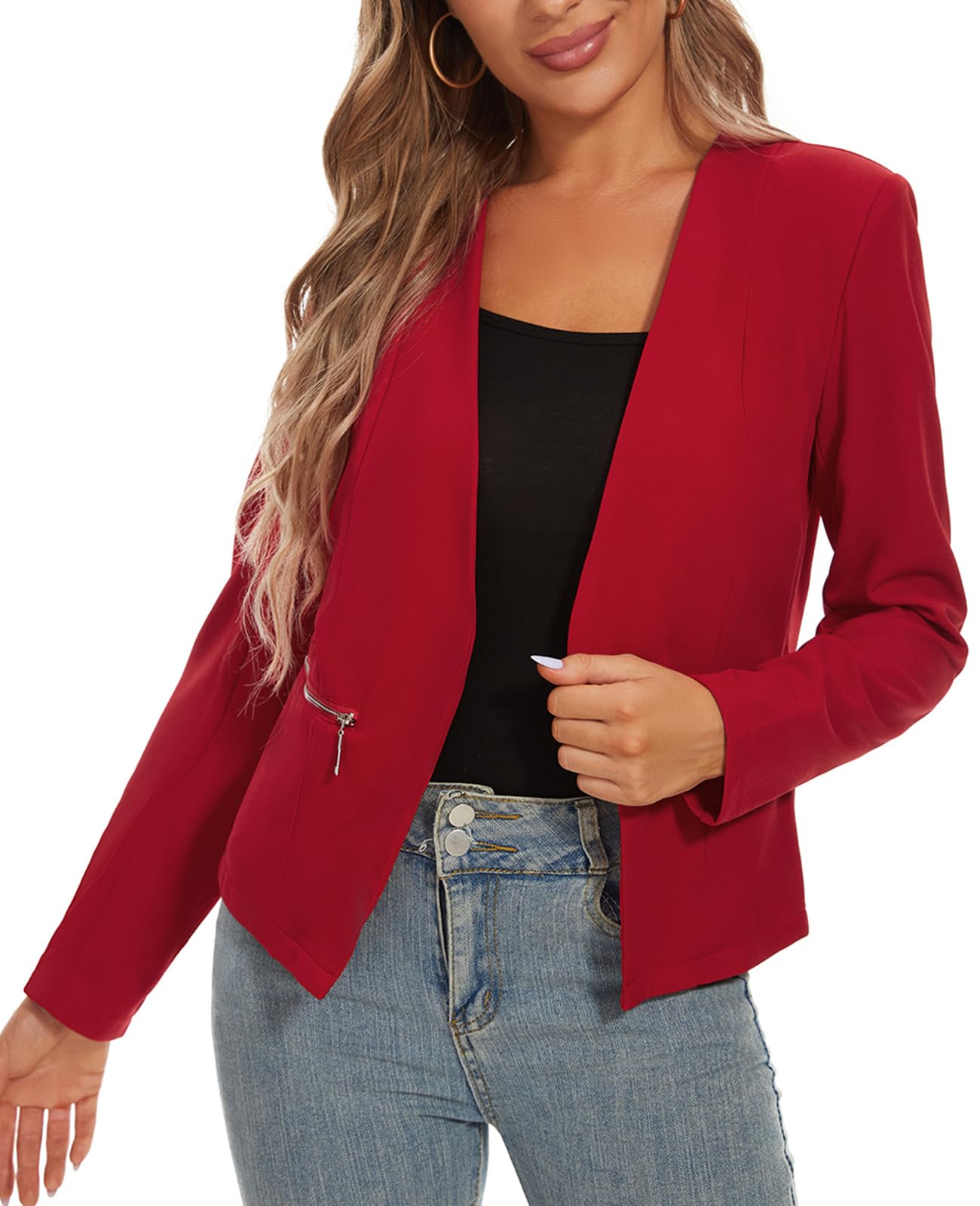 MINTLIMIT Blazers for Women Business Casual Cropped Blazer Open Front Collarless Cardigan Jacket with Zipper Pockets