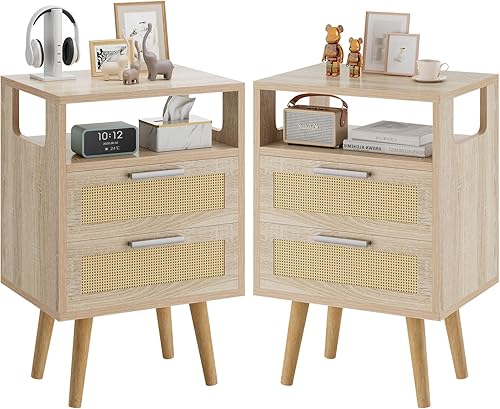 Miniatura 10 de YMYNY Mesita de noche con 2 cajones, mesa auxiliar bohemia, ratán decorado a mano, estante abierto con diseño arqueado, patas de madera maciza,
