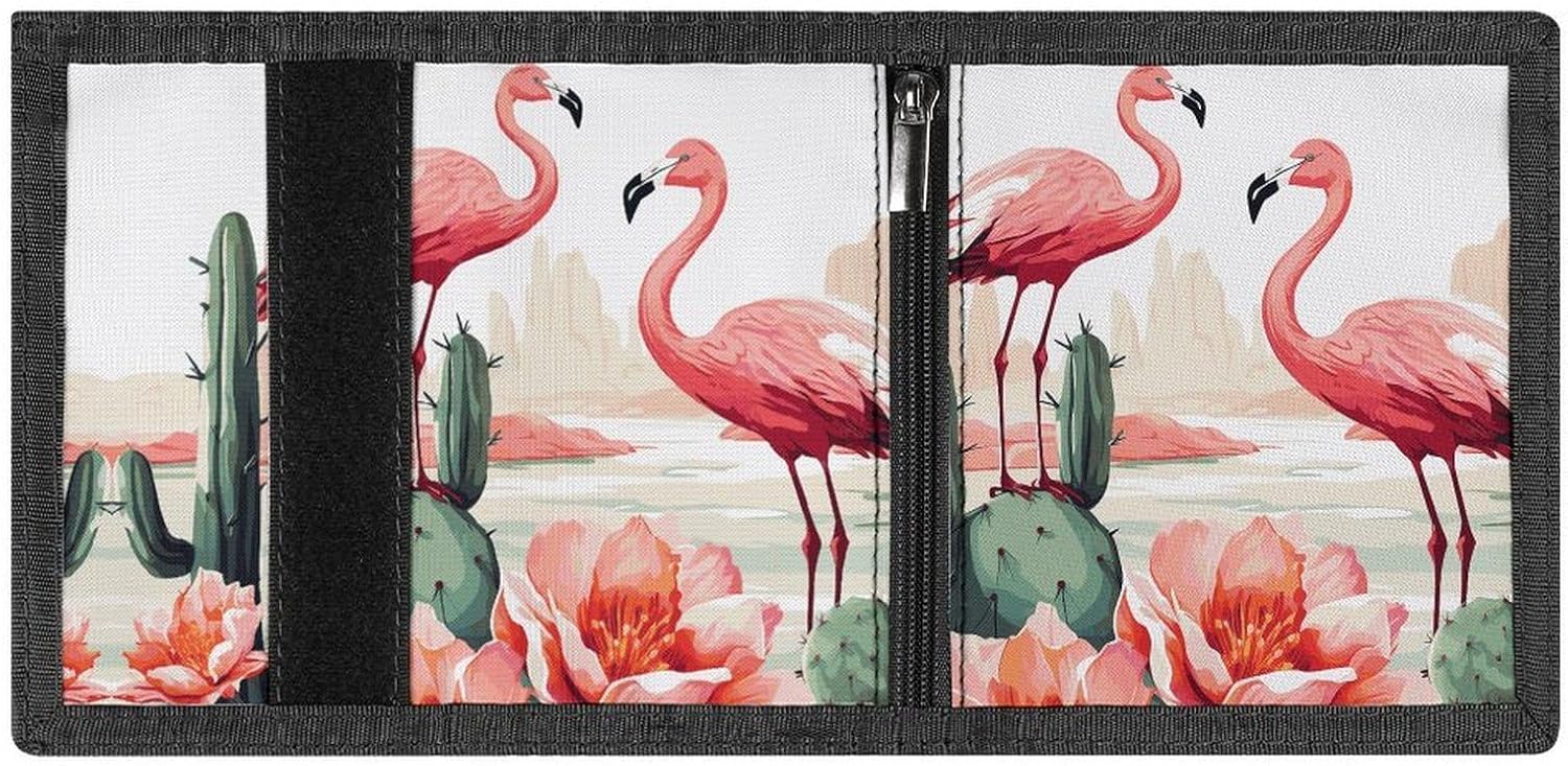Trifold Canvas Wallet with Keychain, Modern Fashion Credit Card Holder Wallet for Men Women, Cactus Flamingo Rose Flowers Slim Wallets W/Zipper Coin Pocket, Novelty Birthday Gift