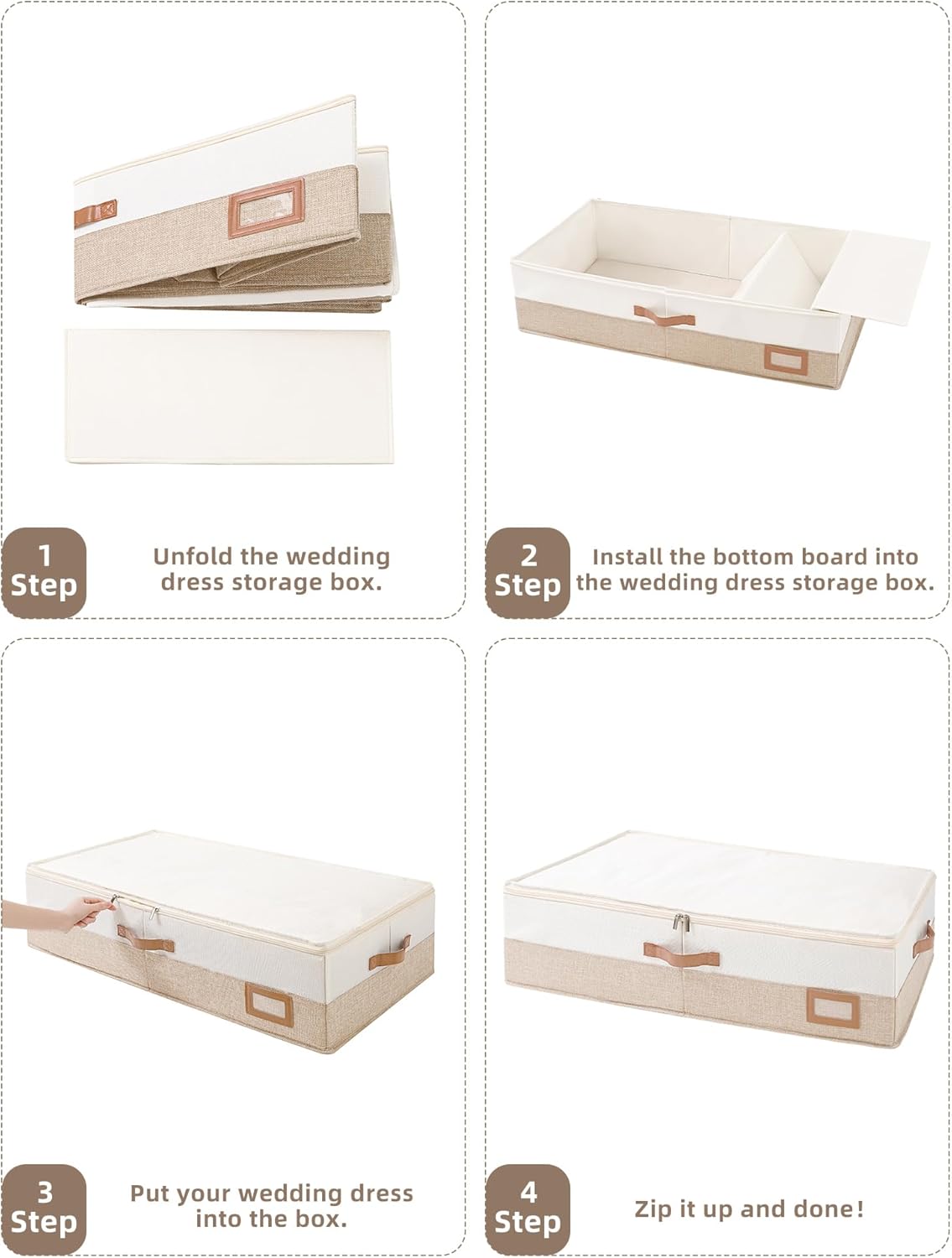 Wedding Dress Storage Box, Large Wedding Dress Preservation Box with 5 Cedar Wood Blocks, 30 Sheets of Acid-Free Tissue Paper, Microfiber Gloves, and Dust-Proof Bag-Beige&Linen Color