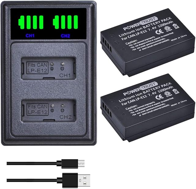 PowerTrust 2Pcs 1200mAh LP-E12 Battery and type-C Charger port for Canon EOS M50 Mark II, M50, EOS M, M2, M10, M100, Rebel SL1, 100D, Kiss X7, SX70 HS