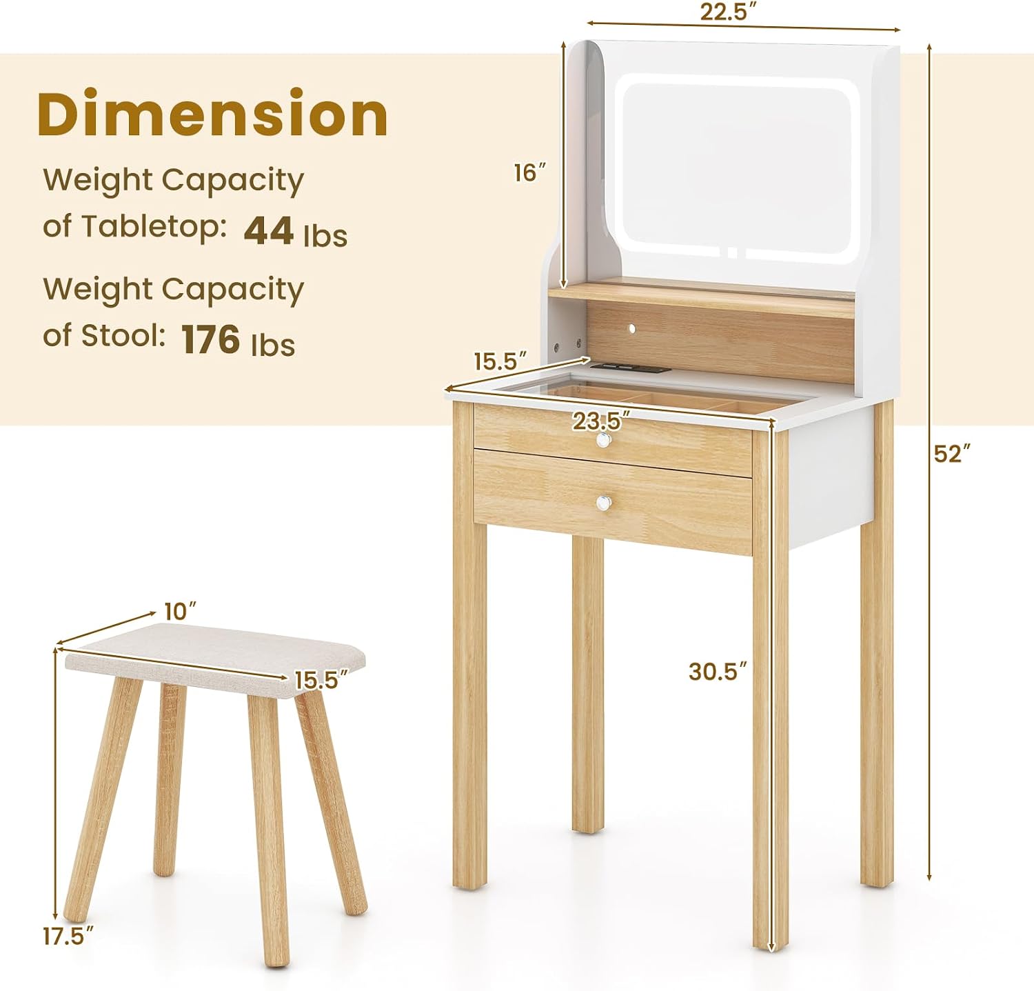 LOKO Small Vanity Desk with Light & Mirror, Makeup Table with 3 Light Modes, Power Outlets & Glass Tabletop, Dressing Table and Cushion Stool with Drawers, Open Shelf for Small Space Bedroom, White