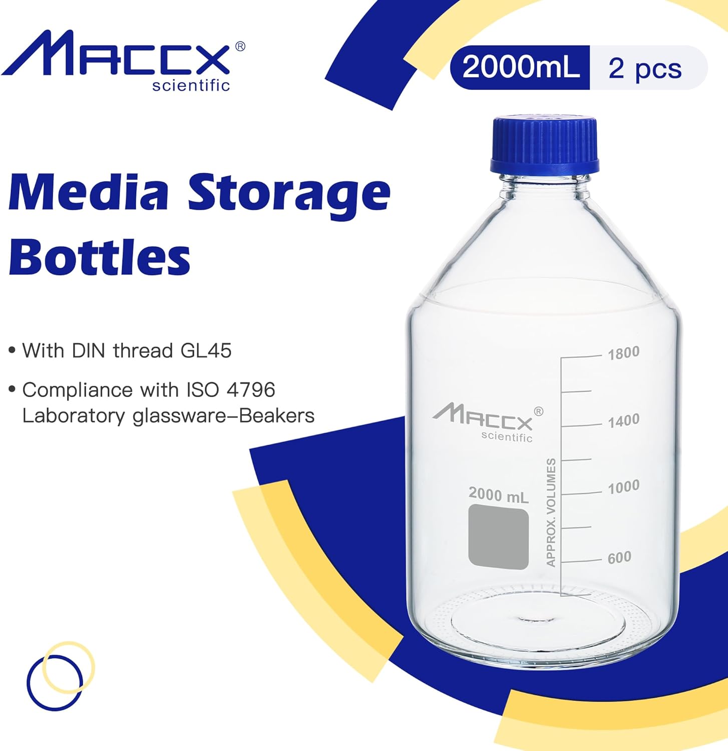 Glass Round Media Storage Bottles, 2pcs of Vol.2000ml, 3.3 Borosilicate Glass Material, With GL45 Polypropylene Screw Cap in Blue Color, GL45RB2K0-002