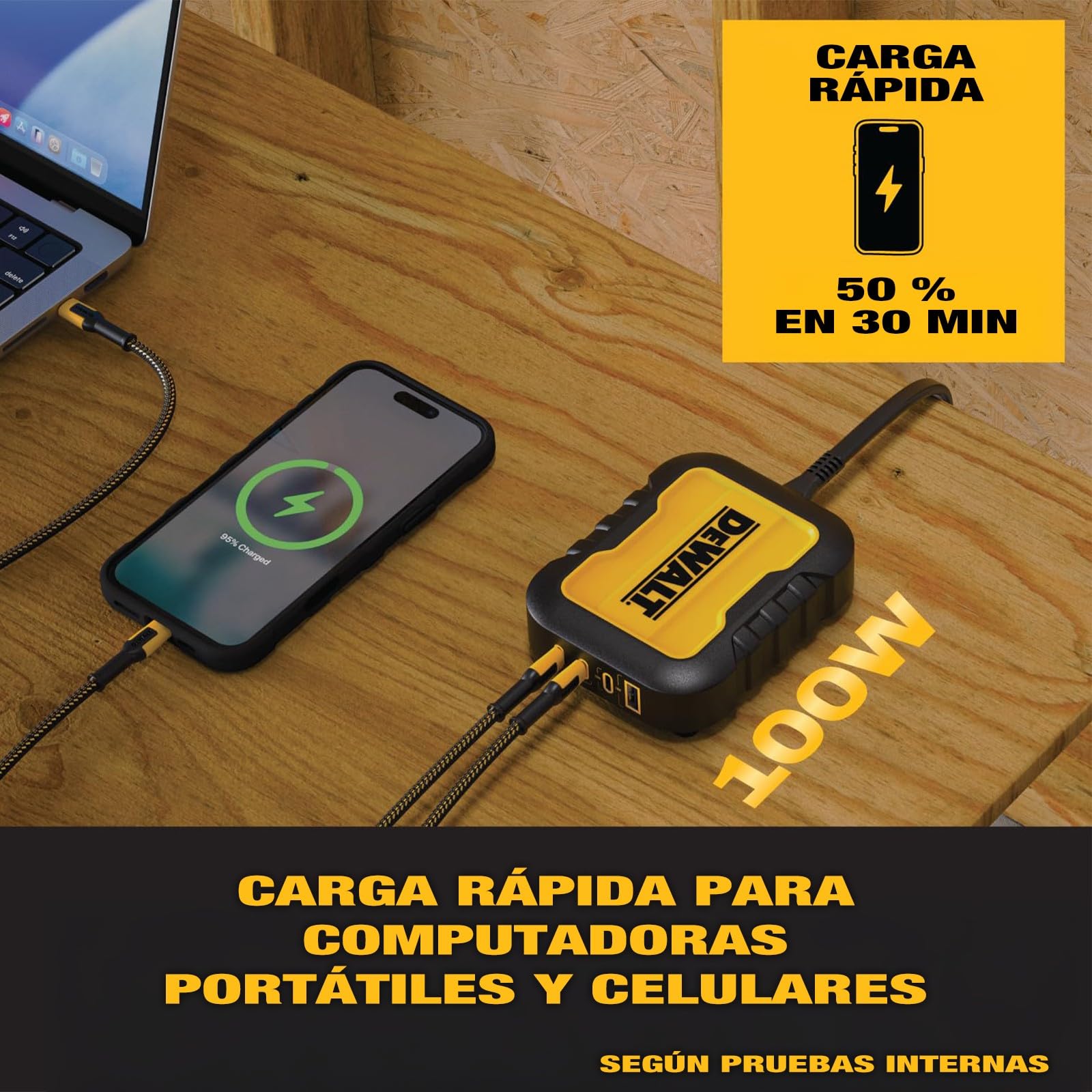 DEWALT Cargador USB-C 4 Puertos 100W, Estación de Carga USB-C con Power Sharing Inteligente y Cable 1,8 m, Carga 4 Dispositivos, Compatible con Baterías DEWALT 20V MAX y FLEXVOLT