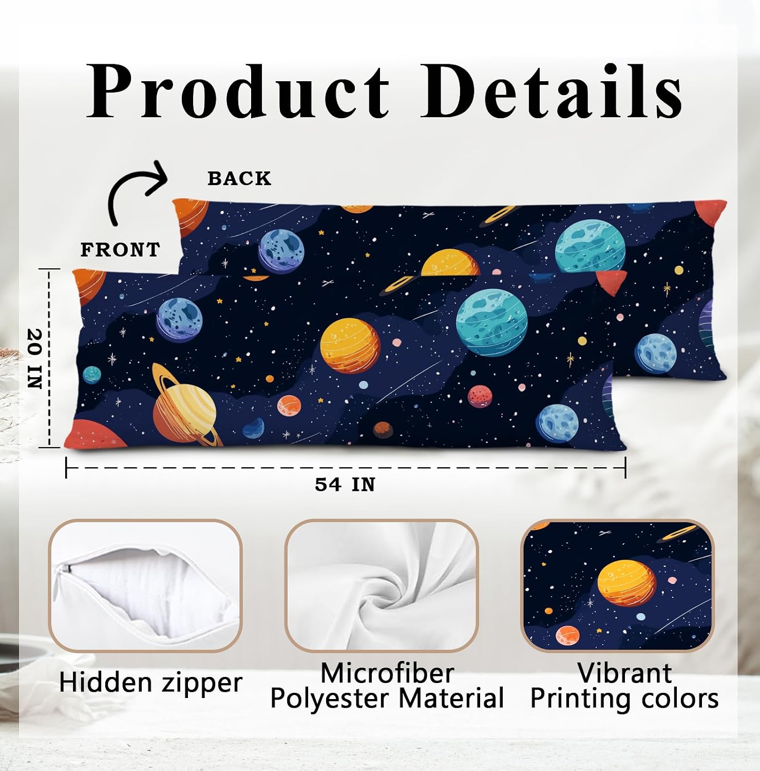 Space Planet Kids Body Pillow Cover 20x54, Space Nursery Decor, Universe Galaxy Star Long Body Pillow Case Cover with Hidden Zipper for Home Couch Living Room Bedroom image 2