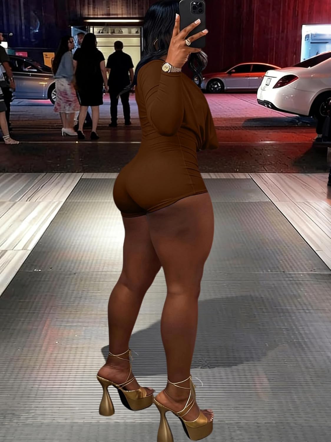 ThusFar Women Sexy V Neck Ruched Jumpsuit Long Sleeve Shorts Club Going Out Outfits Bodycon Romper Birthday Party Night - Image 3