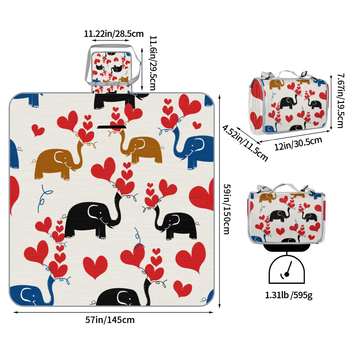 Shimoshe Picnic Blankets 57”x 59”, Love Elephant Waterproof Sandproof Picnic Mat Lightweight Foldable Beach Blanket for Camping Park Grass Beach Outdoor Blanket