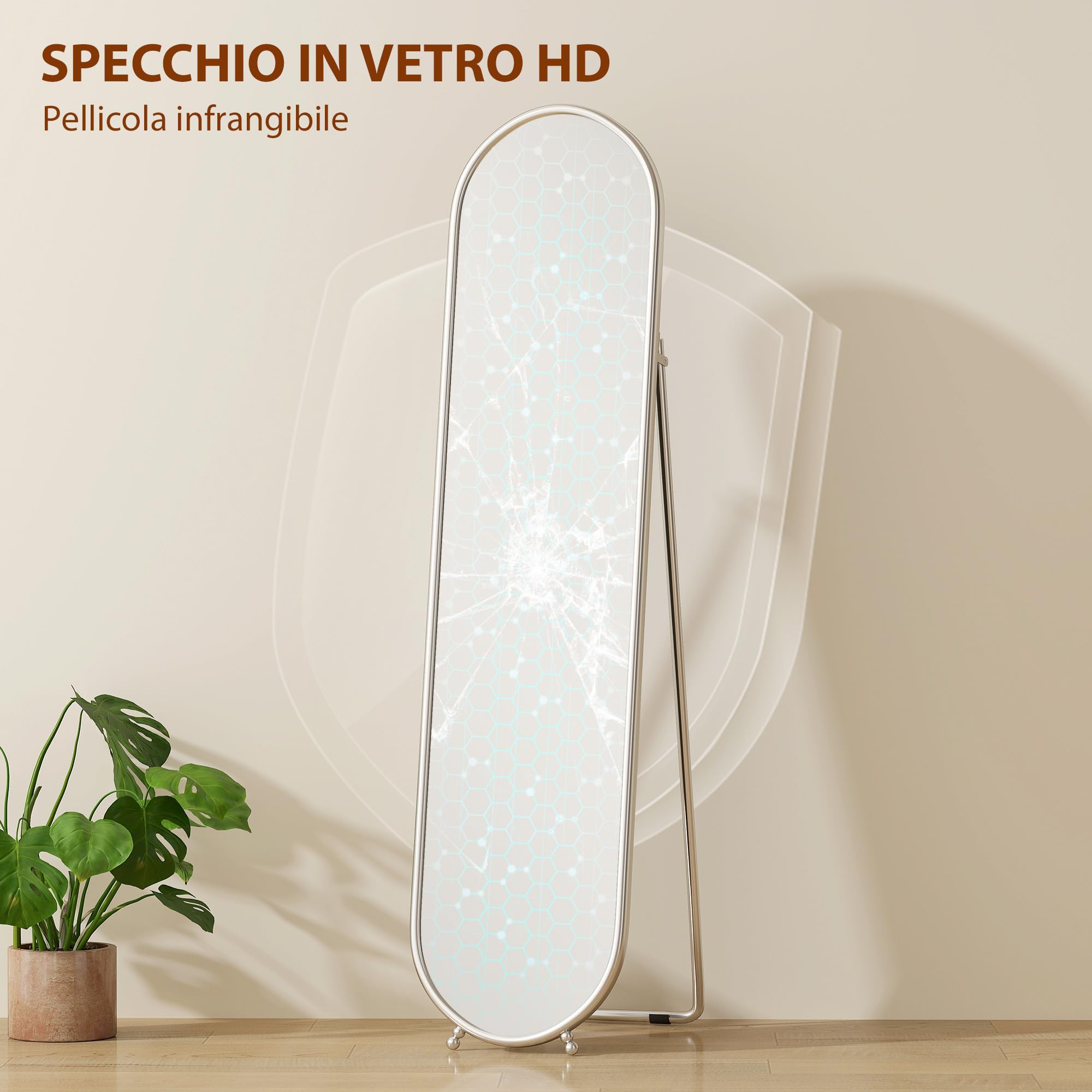 HOMCOM Specchio da Terra Ovale Moderno, 40x160 cm Specchio Autoportante a Figura Intera Antiscoppio con Cornice in Metallo e Supporto, per Camera da Letto, Soggiorno e Ingresso, Argento