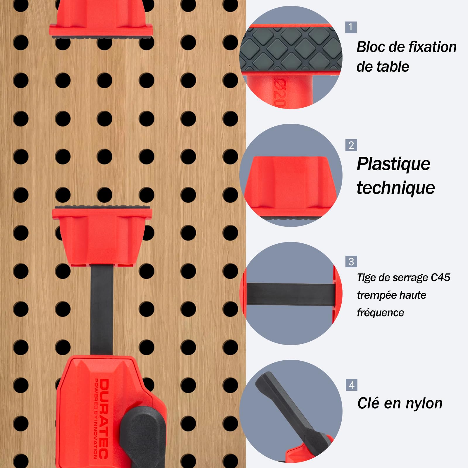 Lot de 2 pinces de serrage pour établi de table, serre-joint à serrage rapide pour établi de travail du bois, pour sculpture sur bois, fraisage, meulage, 20 mm de diamètre