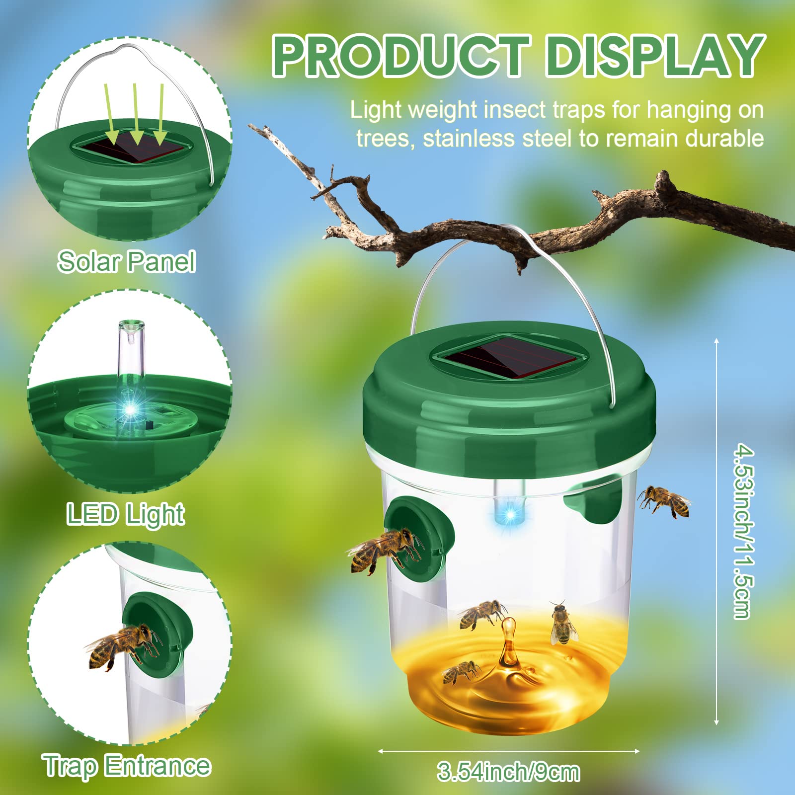 12 Packungen Wespenfalle Solarbetriebene Bienenfalle Wiederverwendbare Fliegenfallen Outdoor Hängende Wespenvernichter mit UV-LED-Licht Fliegende Insekten Bienenvernichter für Innenbereich