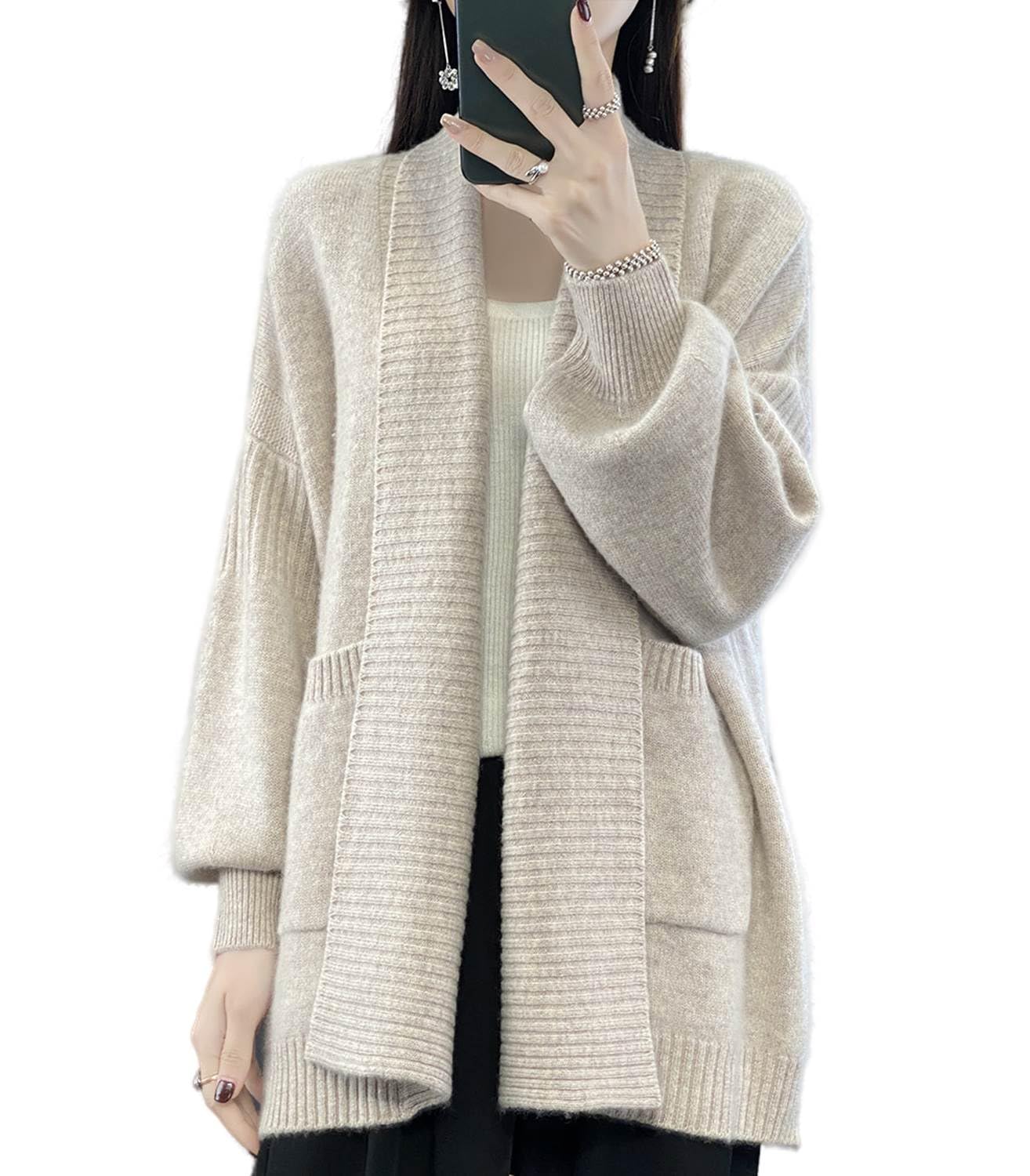 Ailaile Merino Wool Cardigan Sweaters Women's Fall Winter Thick Warm Outwear Knitted Open Front Coat with Pockets