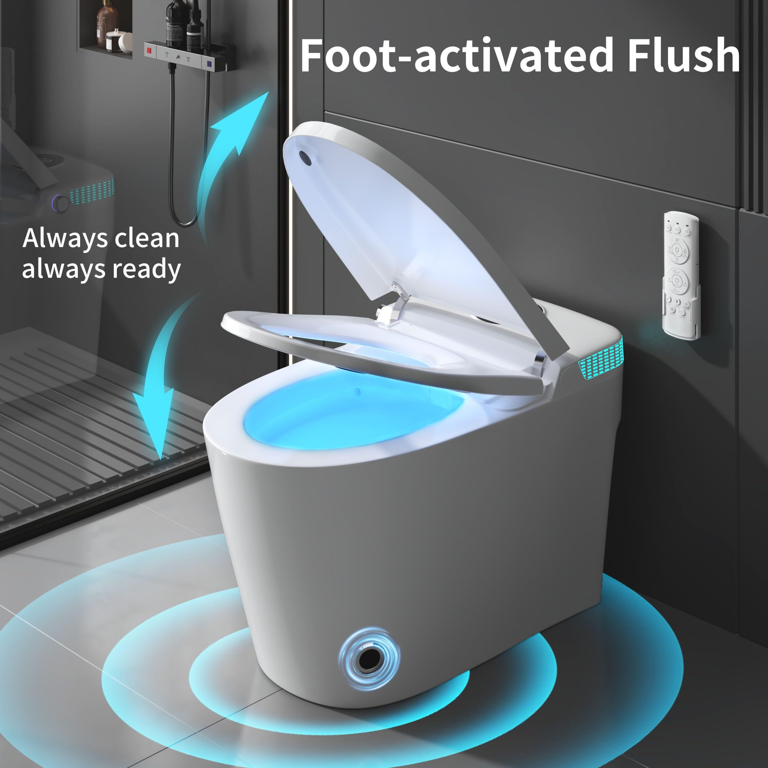 Tankless Smart Toilet with Integrated Bidet One Piece Elongated Intelligent Toilet with Heated Seat Child Mode Foot Kick — view 2