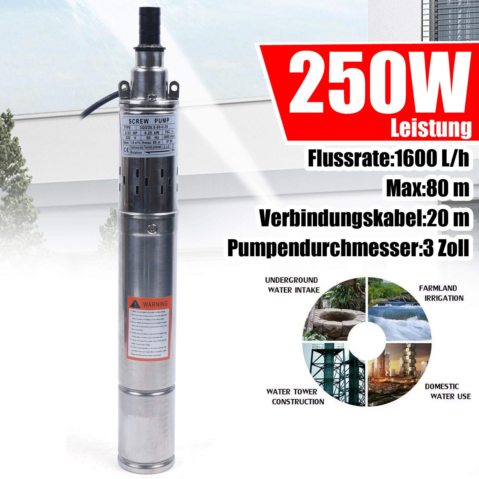 Pompa per pozzi profondi, 250 W, 3 pollici, acciaio inox, 1600 l/h, altezza di mandata 80 m