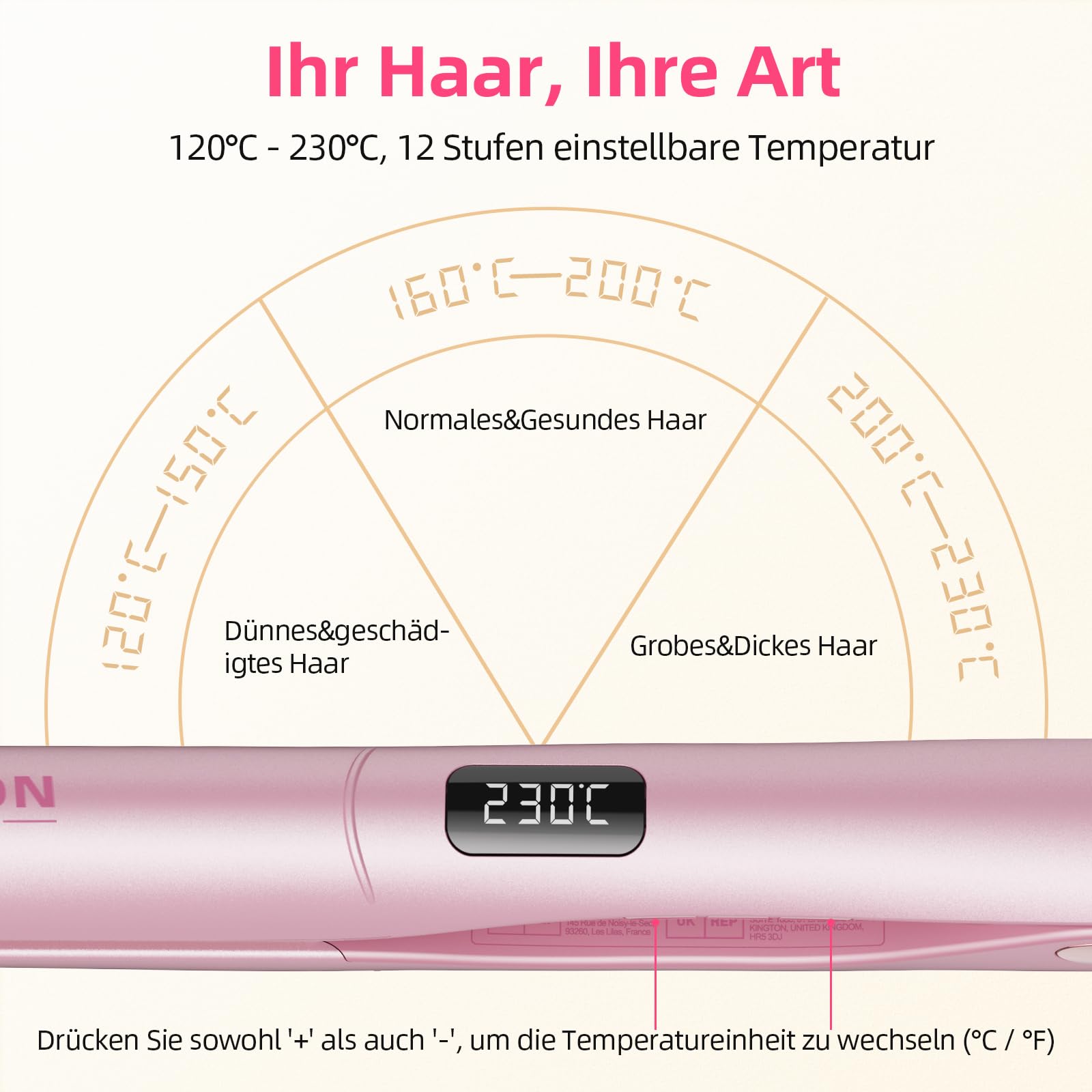 Dekuri 2 in 1 Glätteisen Locken und Glätten, Glatte Titanplatte Haarglätter, 30s Schnellaufheizung, 120-230℃ LED Display, Ionische Haarglätter für Frauen - Rosa