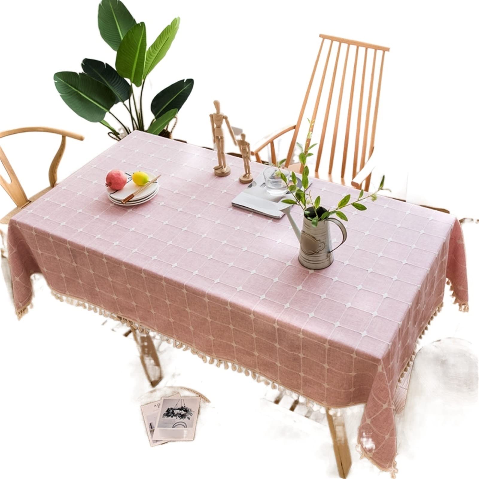 JINGYAN Tablecloths Cotton Linen Tablecloth Blue Stripes Plaid Embroidered Rectangular Dining Table Cloth For Banquet Decor(Pink,90cm X 90cm)