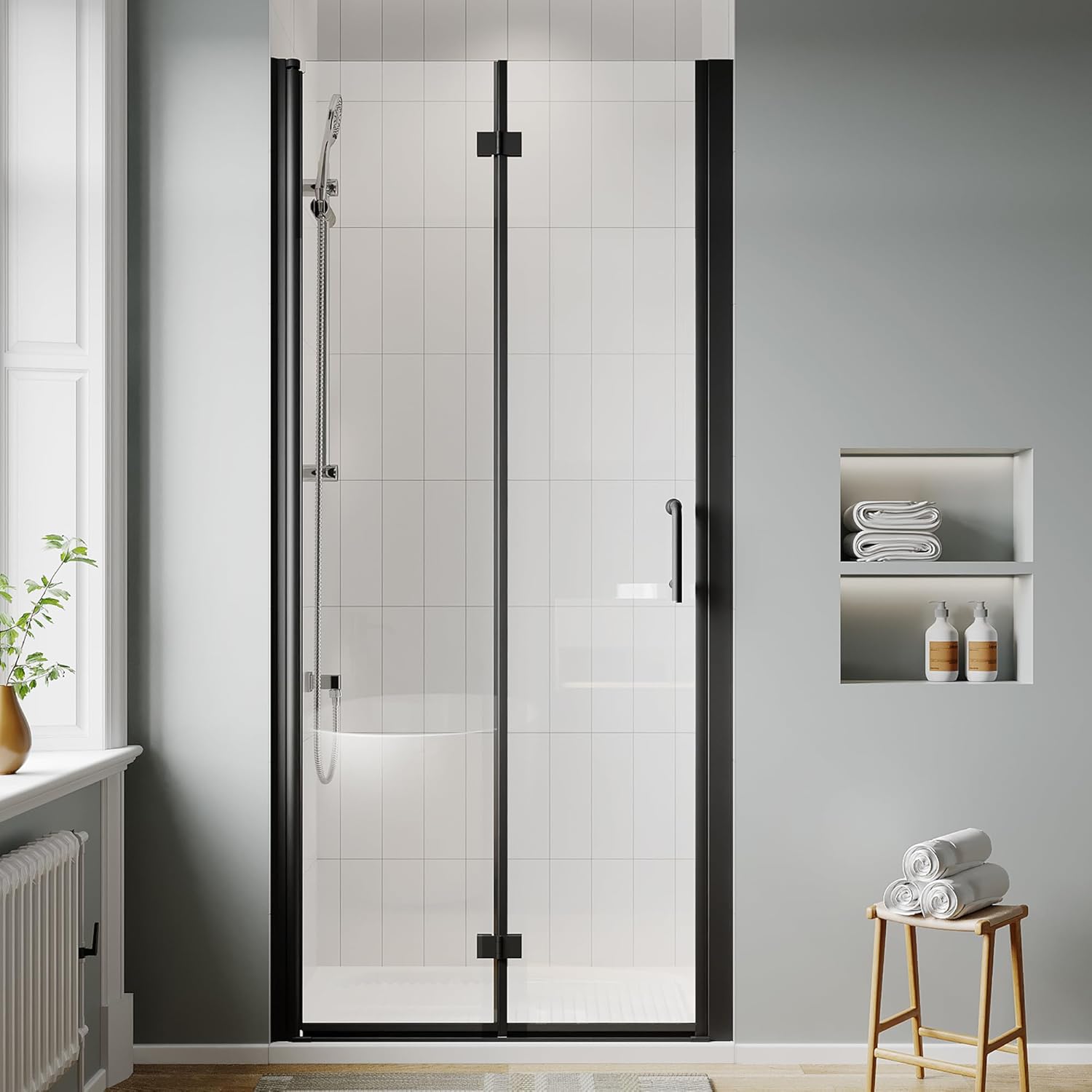34" x 72" Bifold Glass Shower Door with Tempered Glass Folding Bathroom Shower Doors with Stainless Handle Frameless Fold Shower Panel Matte Black
