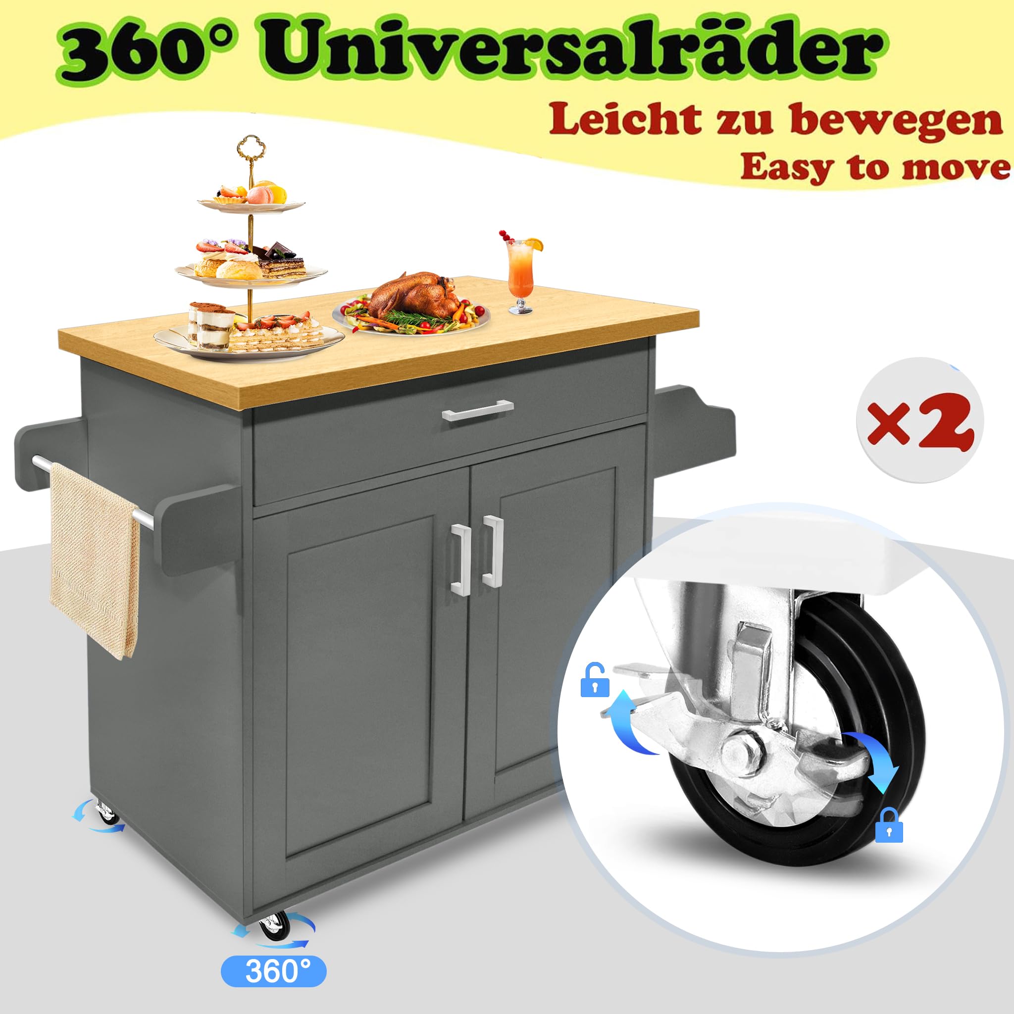 LZQ Küchenwagen Küchenschrank mit Arbeitsplatte Bewegliche Kücheninsel Küchen Wagen Rollbar, Rollwagen küche, servierwagen 115x36x90cm Grau