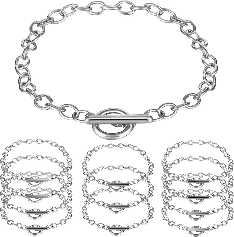 Hicarer 12 Pcs Gold Chain Bracelets Silver OT Toggle for Jewelry Making | Alloy Charm Kit with Toggle Clasps, Gold Plated Chain Links for DIY Jewelry Making, Bulk Bracelets for Women Men Crafts