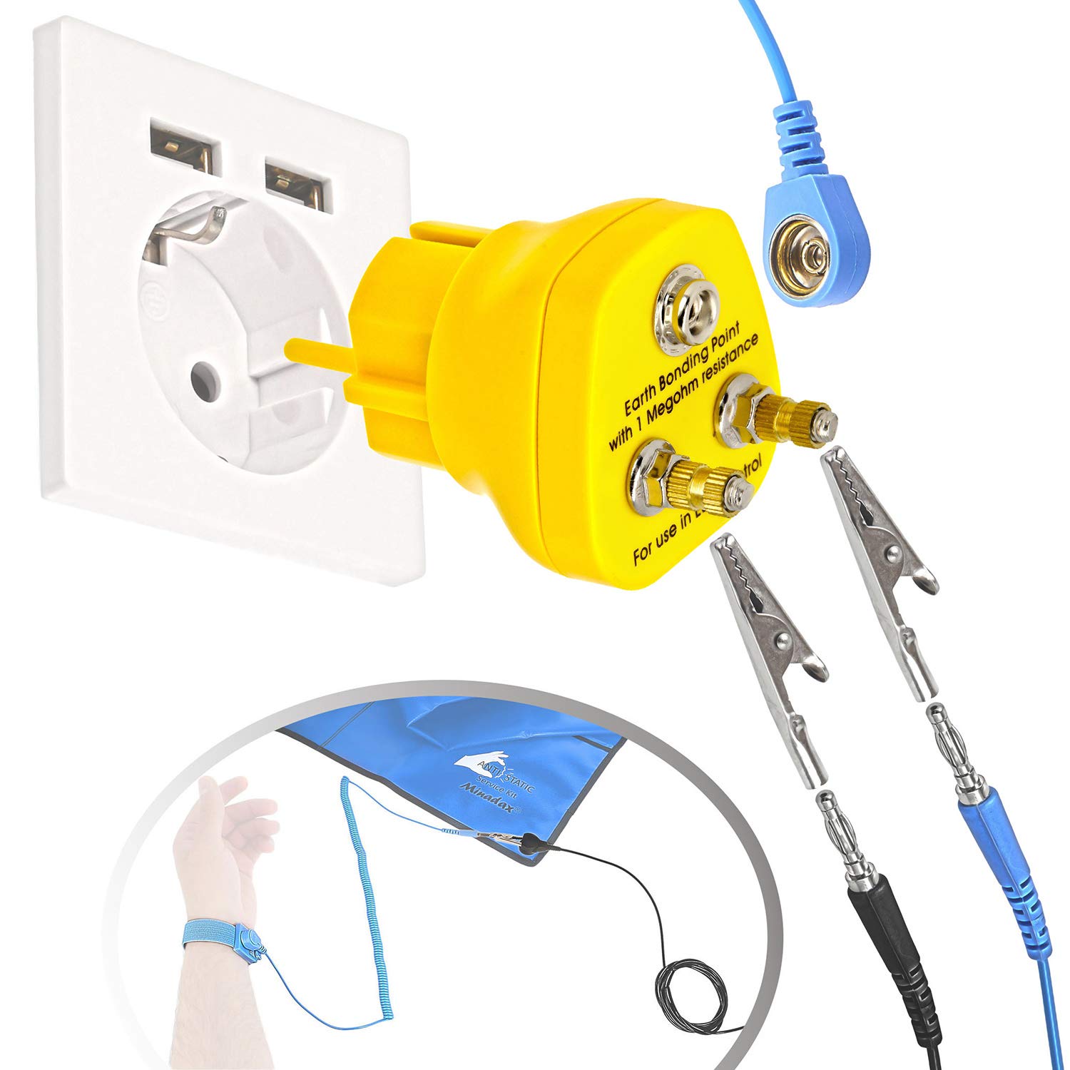 Erdungsbaustein + Manschette mit 1,70m Verlängerung - Innovativer ESD Antistatik Erdungsstecker - 2 x M5-1 Megaohm