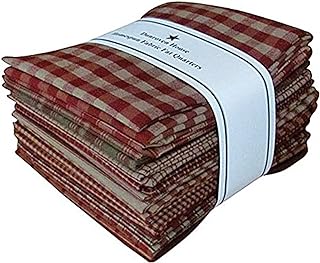 Red Tan Beige Homespun Fabric Checks Stripes Fat Quarter (12 pk) Bundle 100% Cotton 18" X 22"
