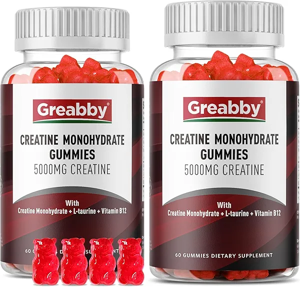 GREABBY Creatine Monohydrate Gummies - 5g Creatine Monohydrate with L-Taurine, B12, Mixed Berry Flavor, 120 Count