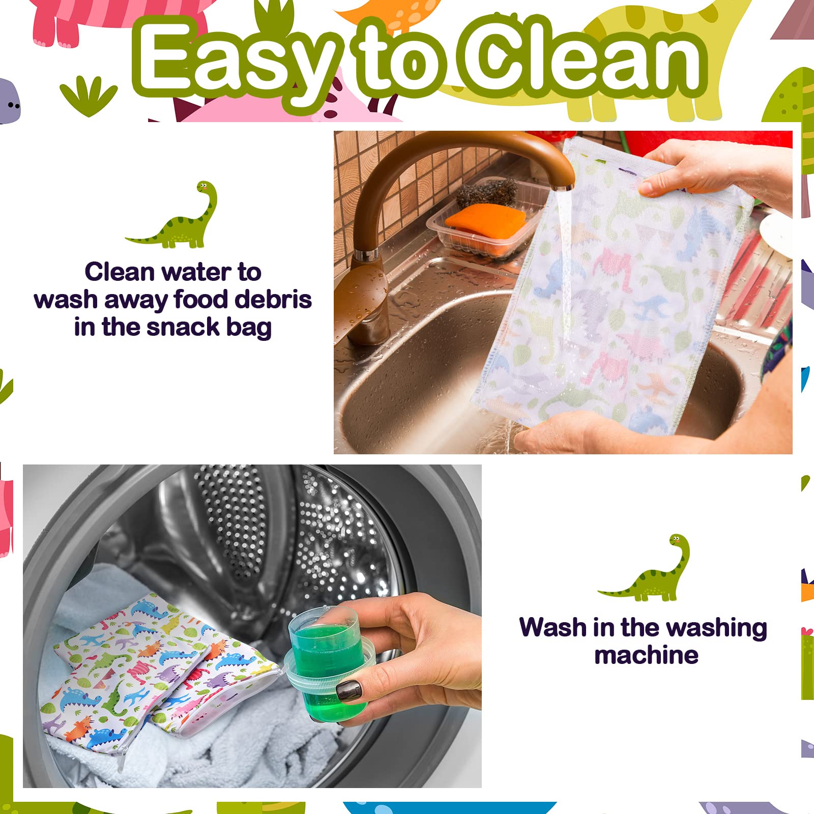 5 Pieces Reusable Snack Bags for Kids Sandwich Bags Washable Food Safe Lunch Bags Snack Pouch with Zipper for Students Adults Store Preserves, with 2 Large 2 Medium and 1 Small Bags - Image 5