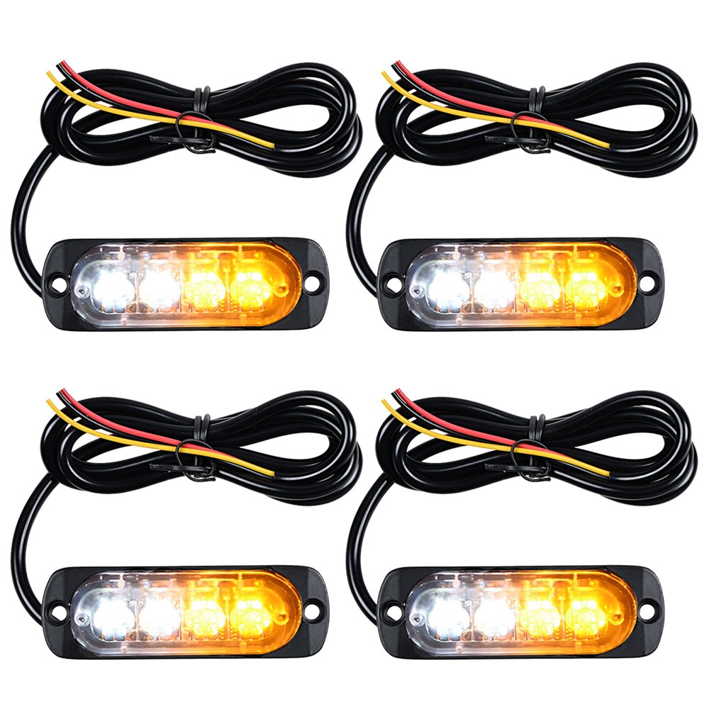 4pcs Amber/White Ultra Slim 4-LED Strobe Light Bar + 16pcs (8 White + 8 Amber) 2-LED Flashing Grille Light Kit Emergency Warning Hazard Construction Car Truck SUV Van